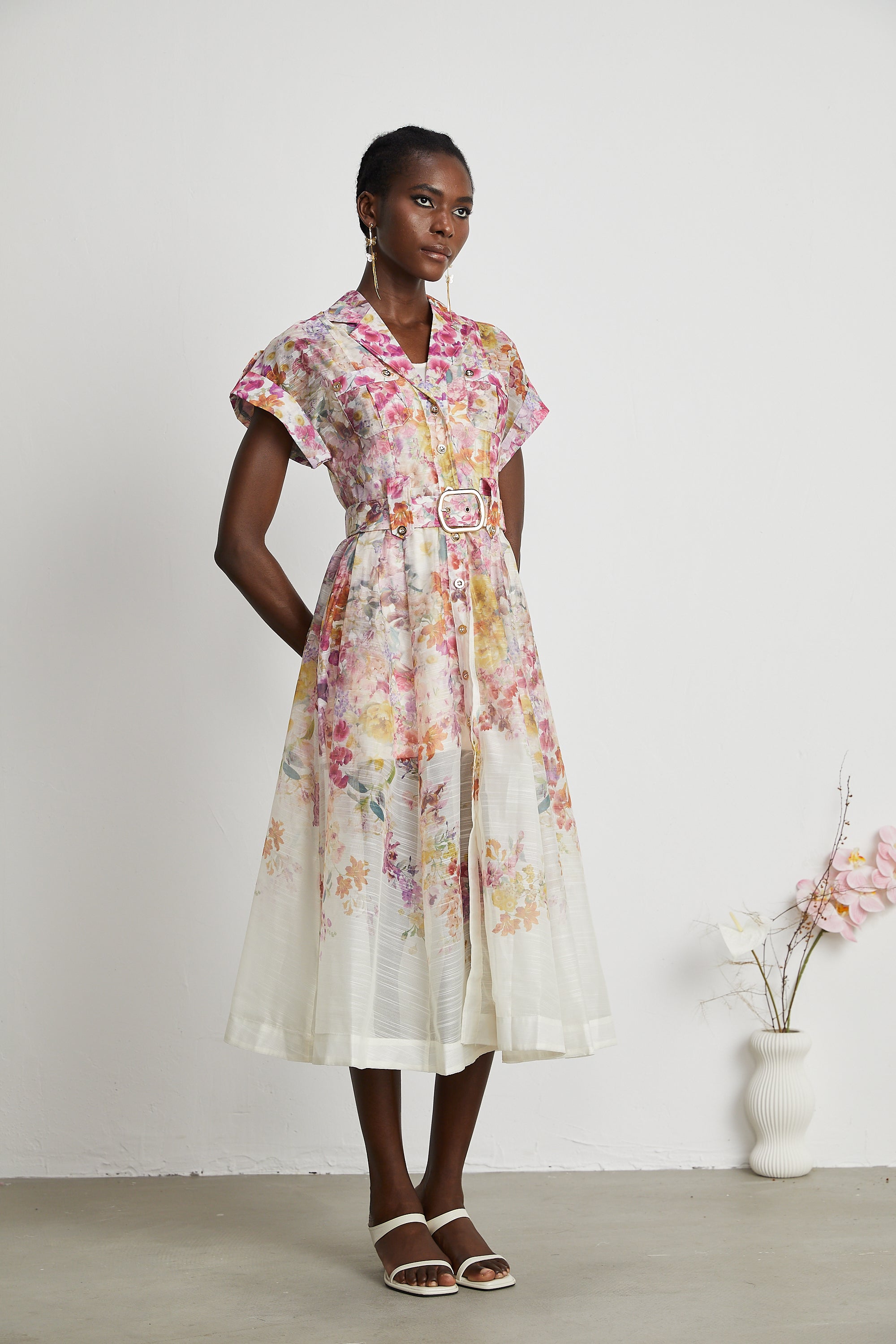 Thaïs classic-collar floral-print midi dress