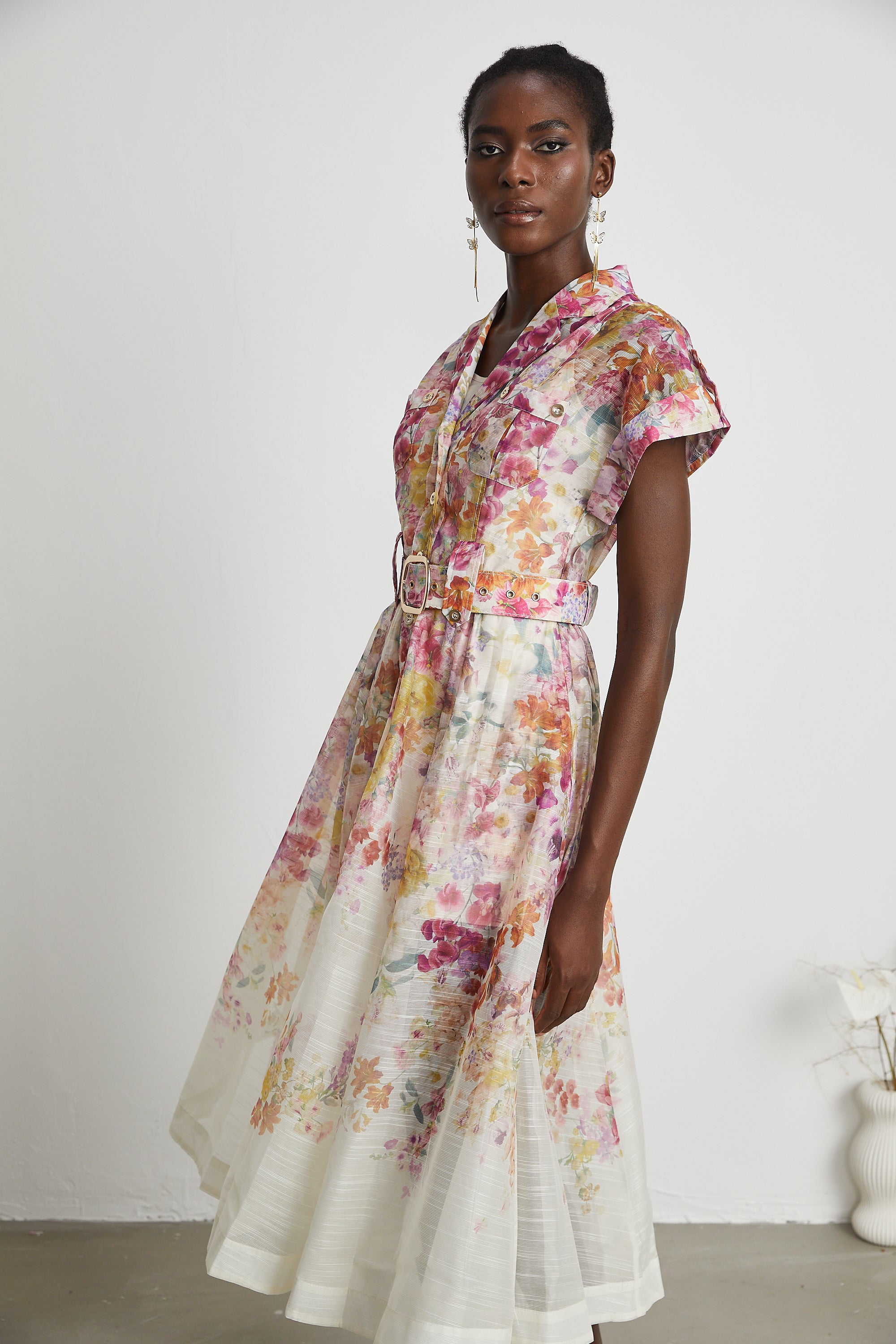 Thaïs classic-collar floral-print midi dress