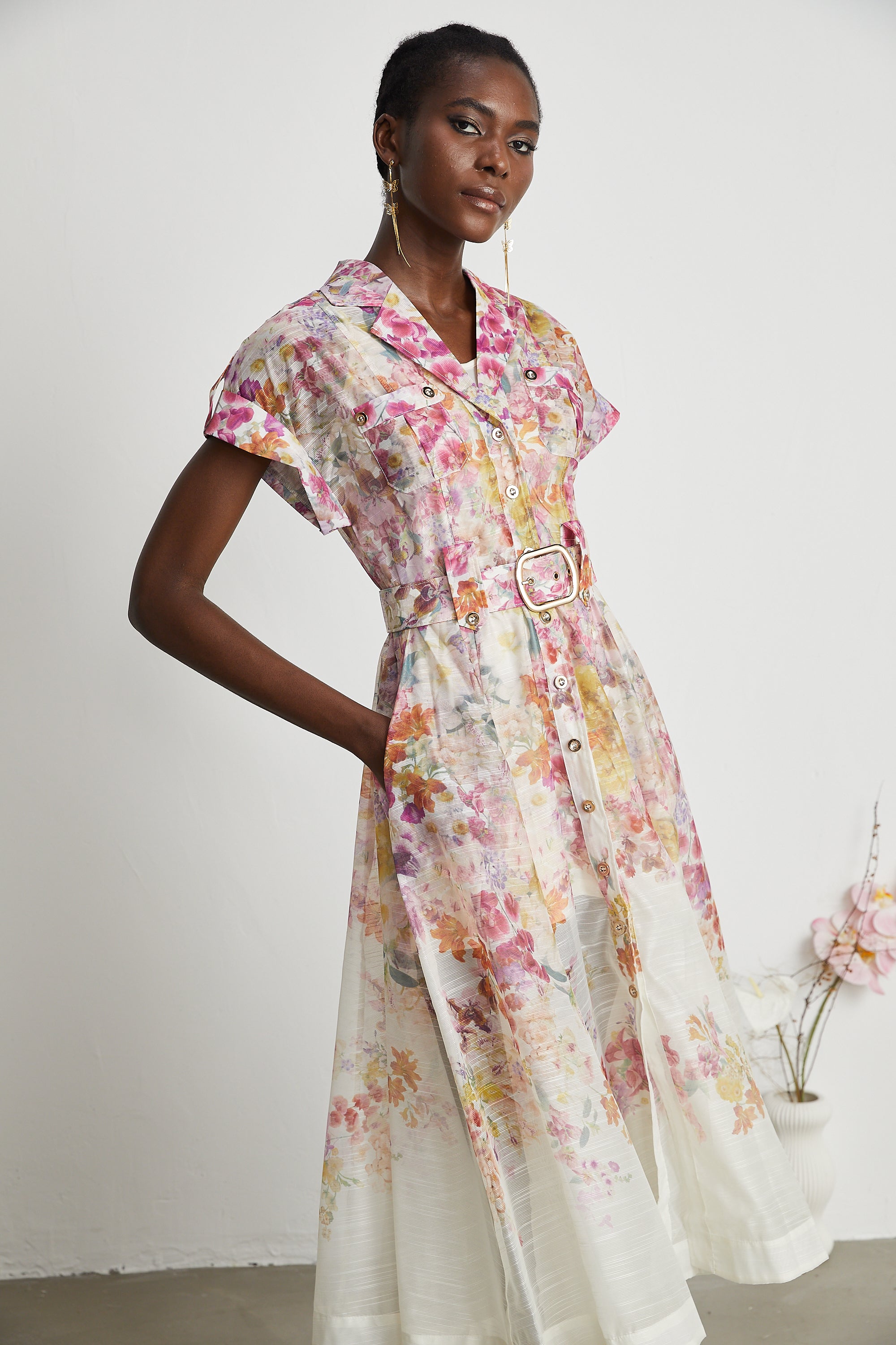 Thaïs classic-collar floral-print midi dress