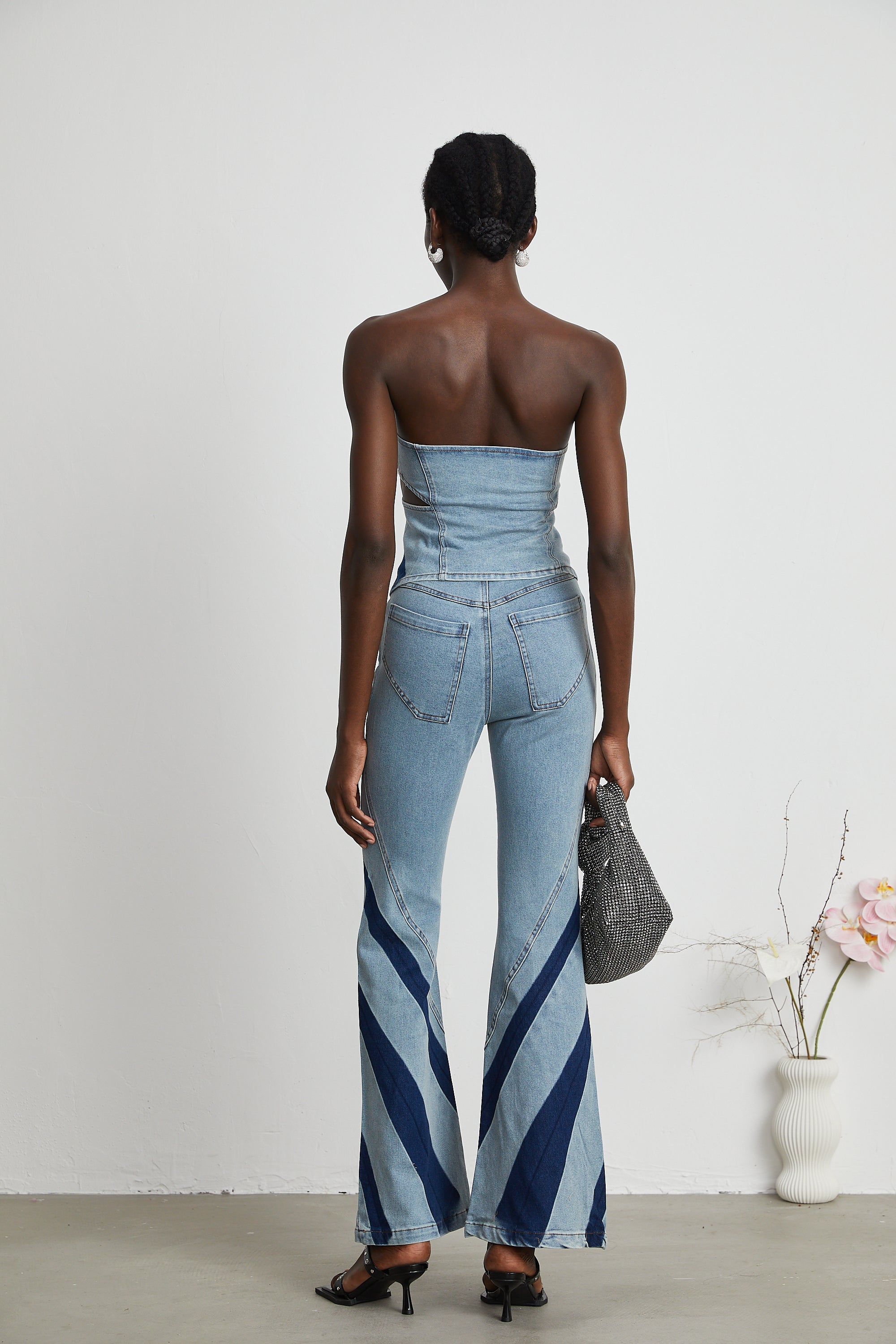 Inès color-blocked denim top & jeans matching set