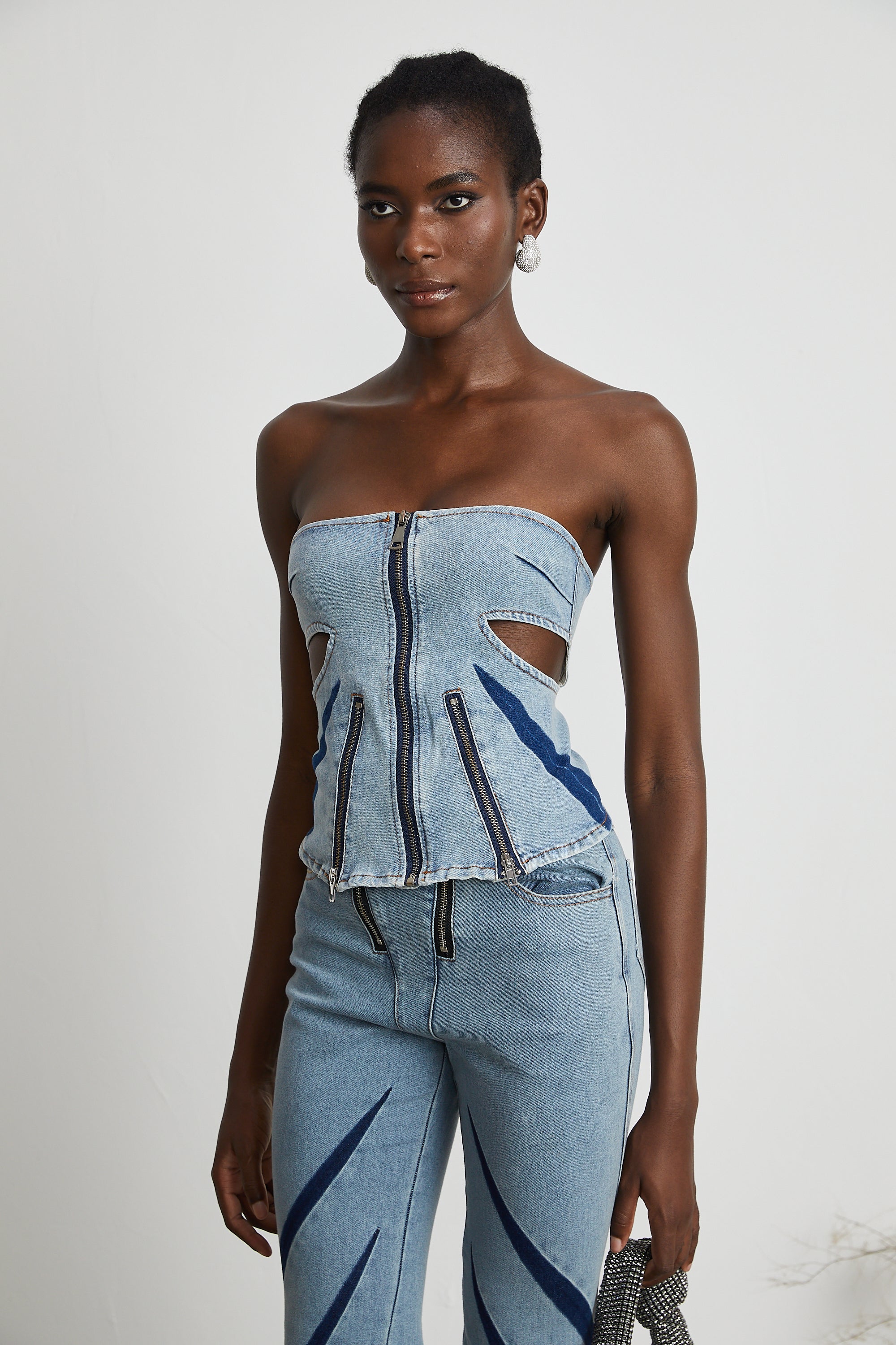 Inès color-blocked denim top & jeans matching set