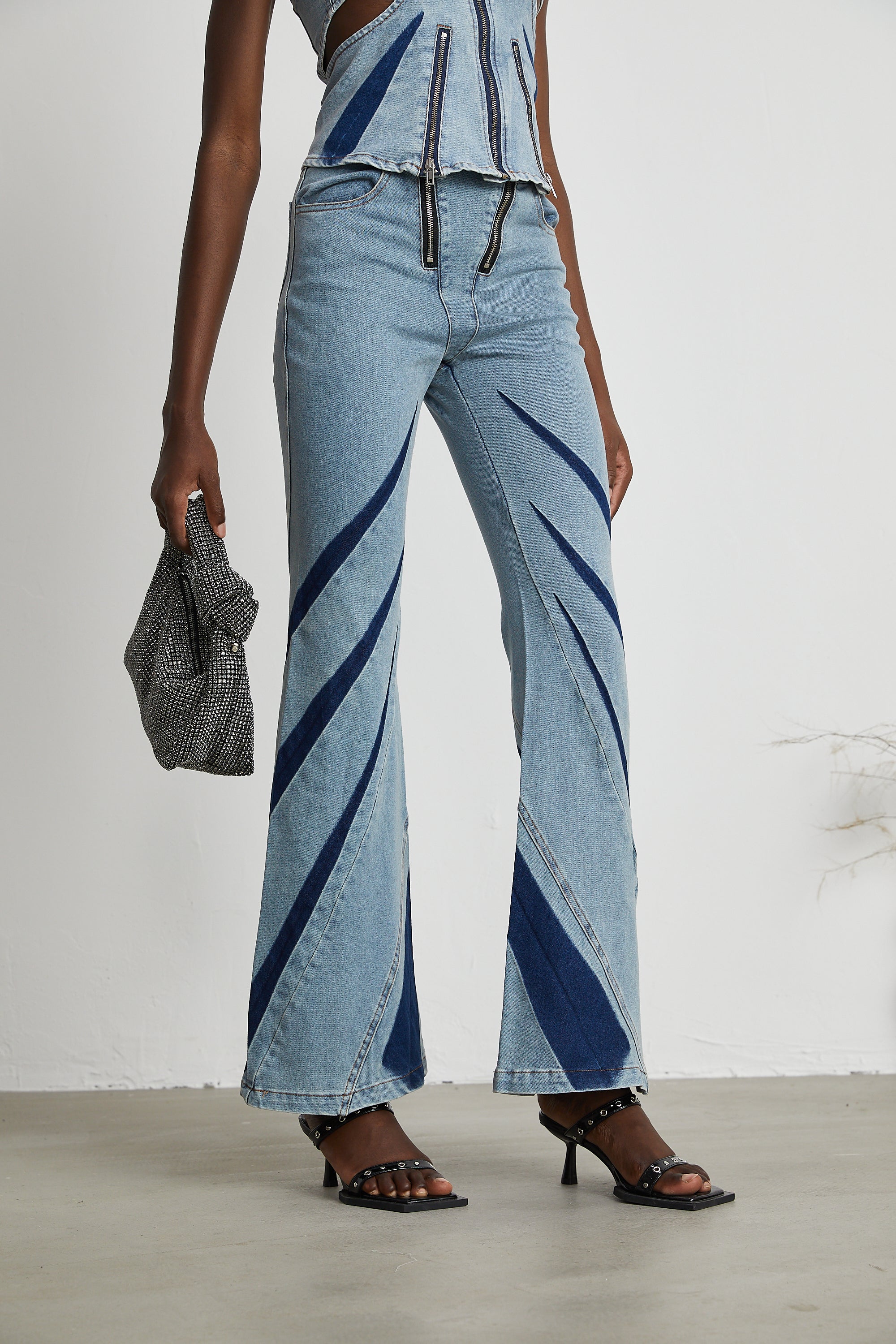 Inès color-blocked denim top & jeans matching set