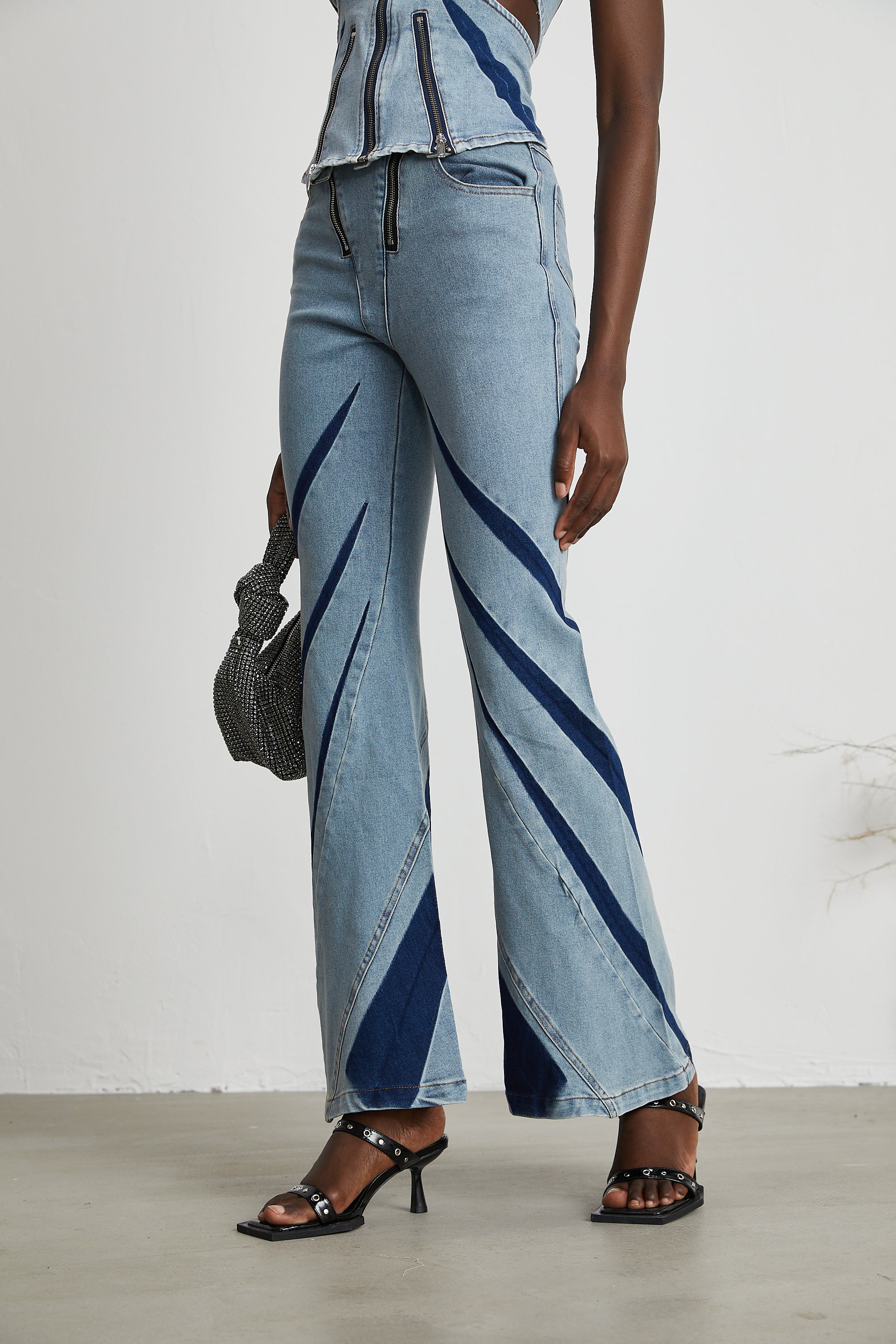 Inès color-blocked denim top & jeans matching set