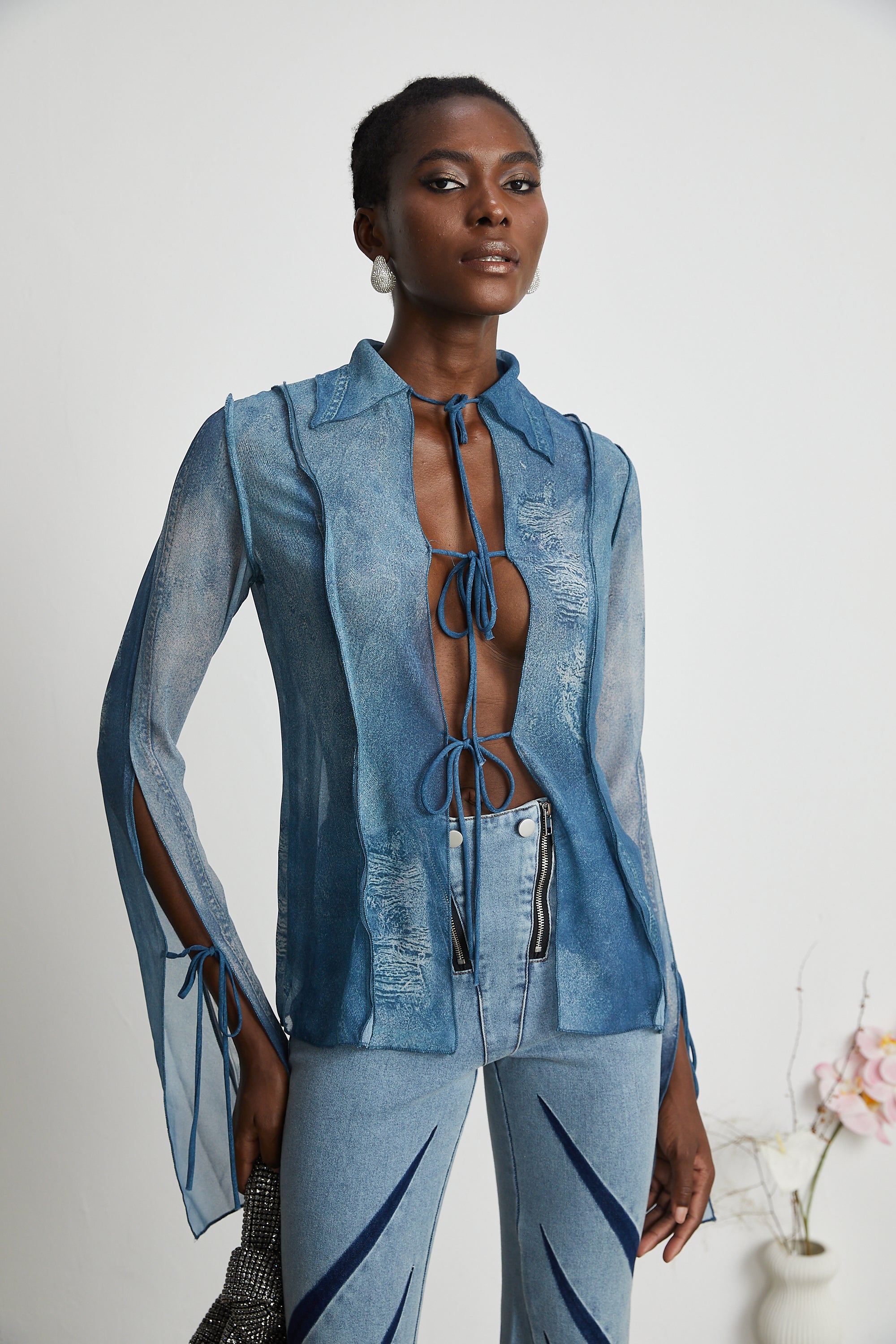 Corin printed denim sheer top