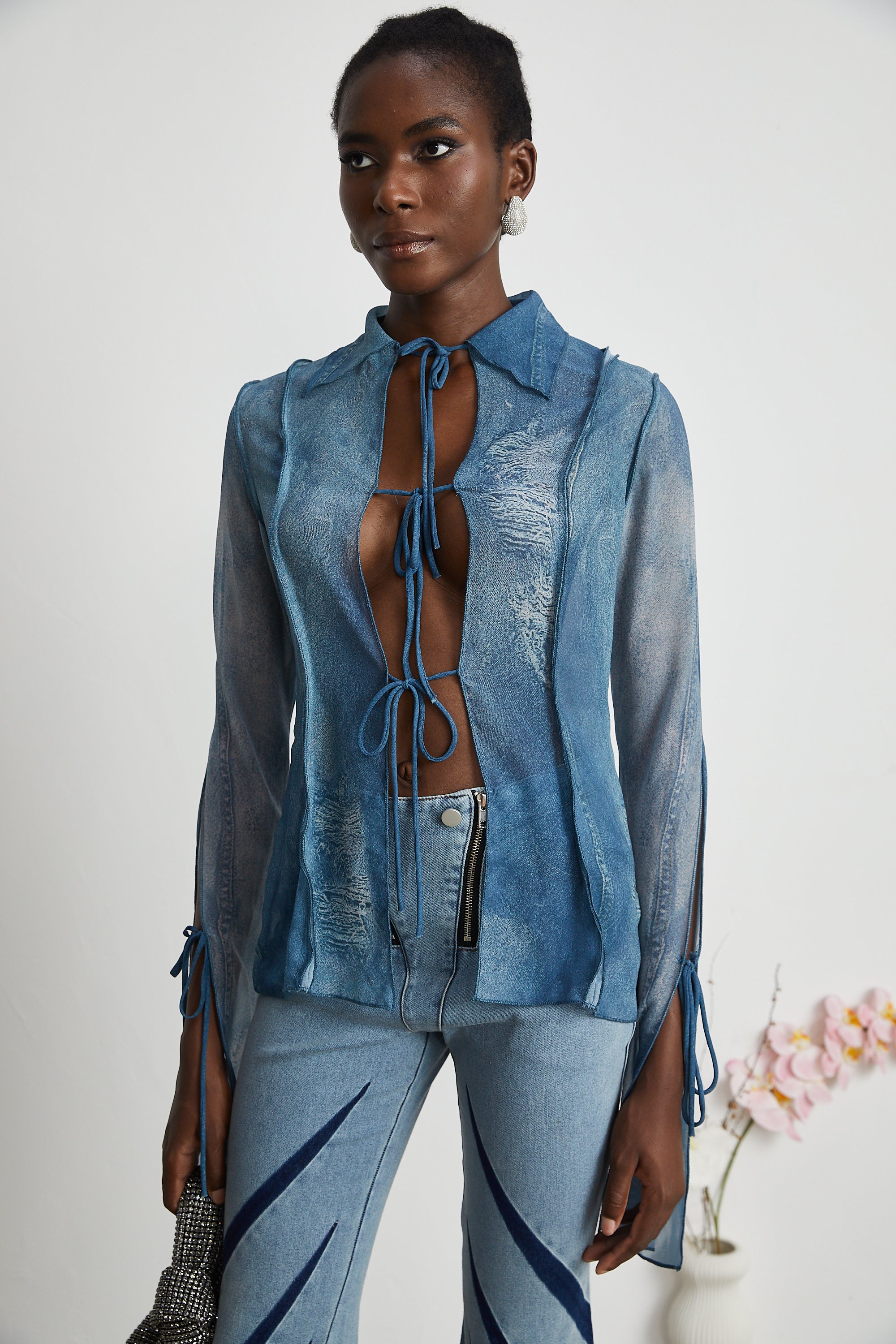 Corin printed denim sheer top