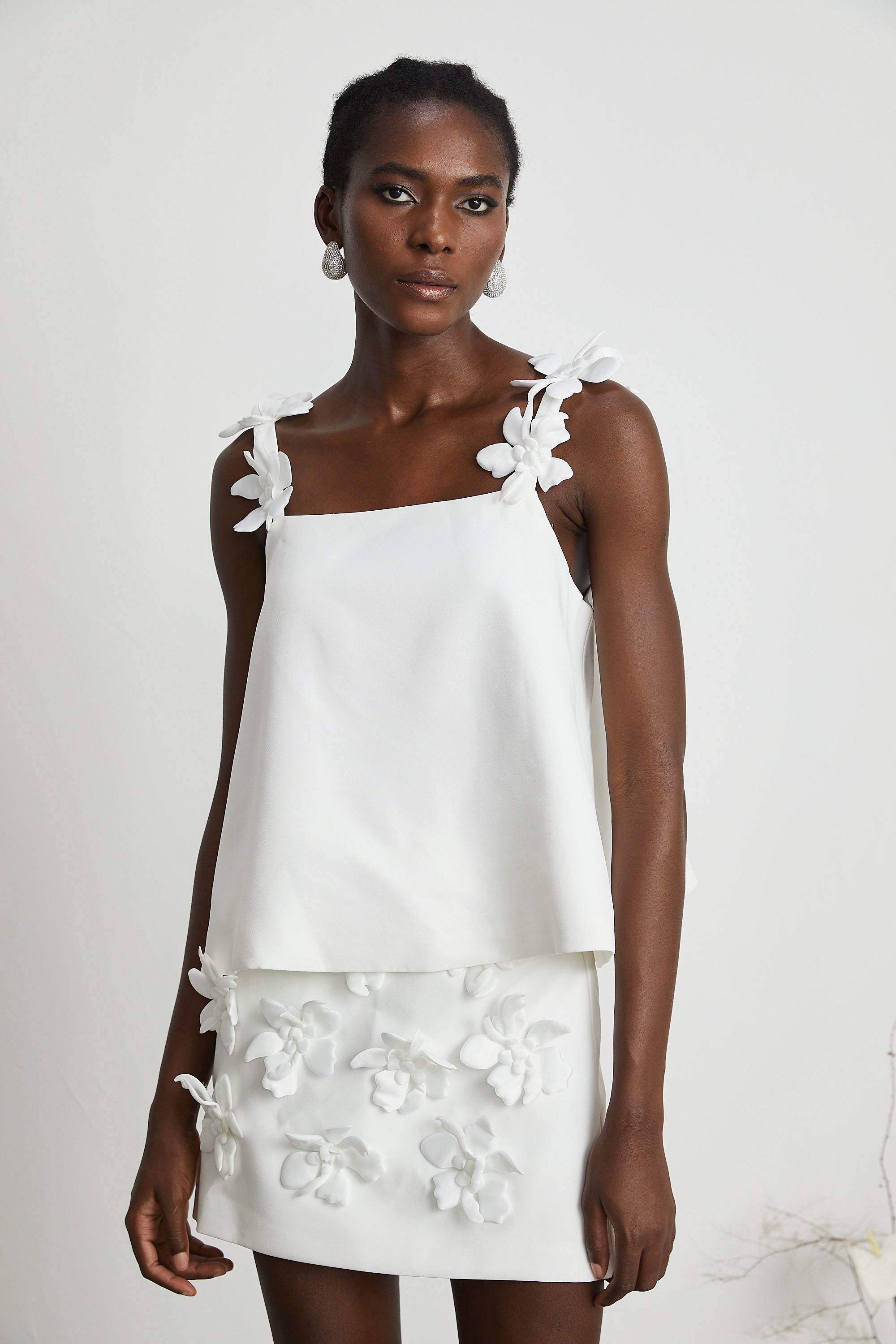 Odette white faux-floral top & skirt matching set