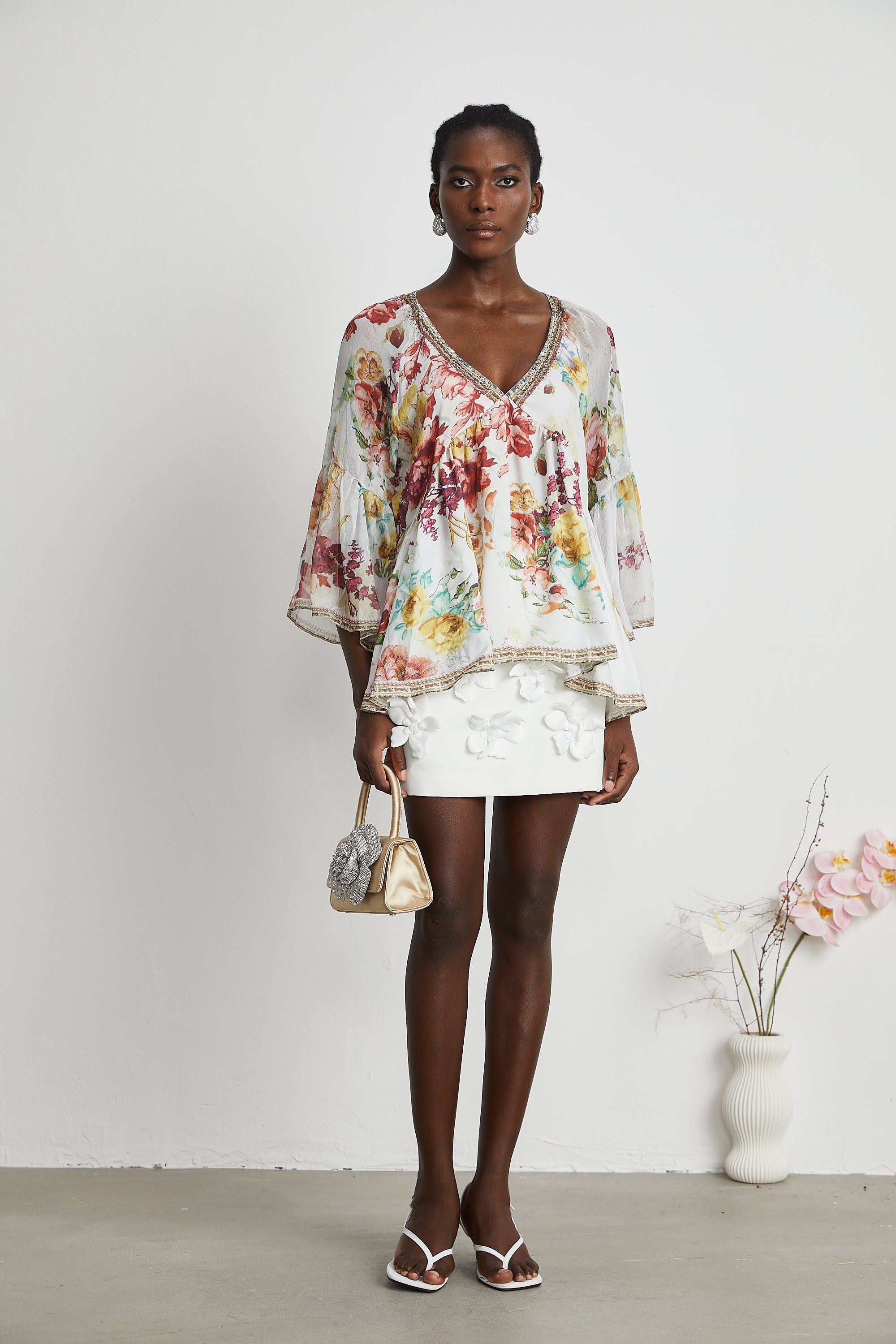 Yvonne V-neck floral-print embellished blouse