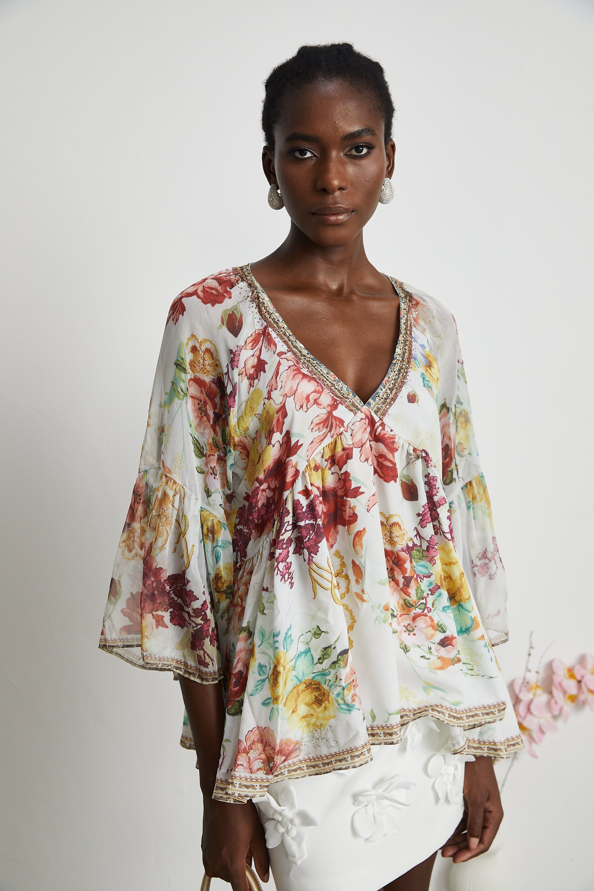 Yvonne V-neck floral-print embellished blouse