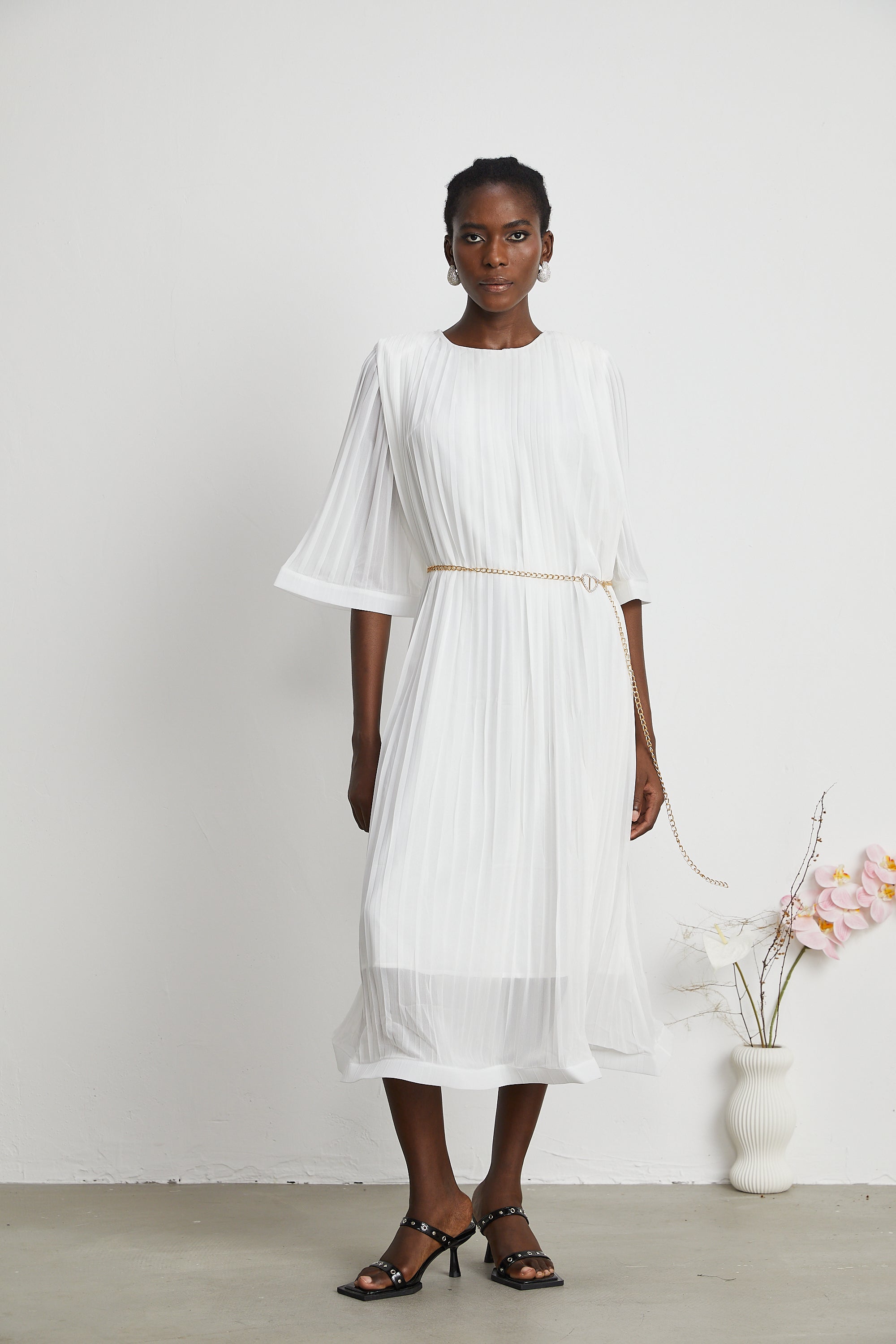 Gaëlle flared-sleeve pleated midi dress