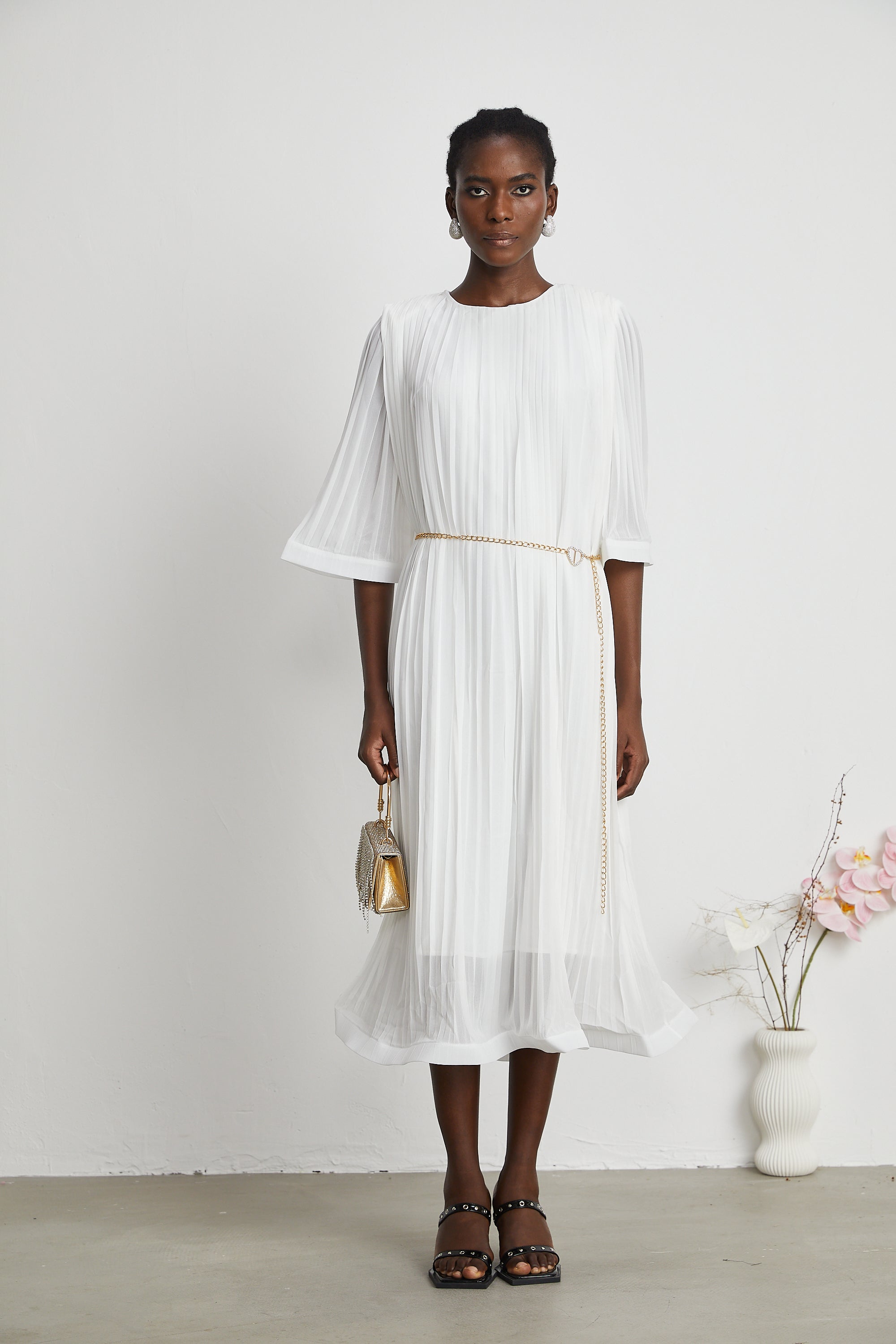 Gaëlle flared-sleeve pleated midi dress