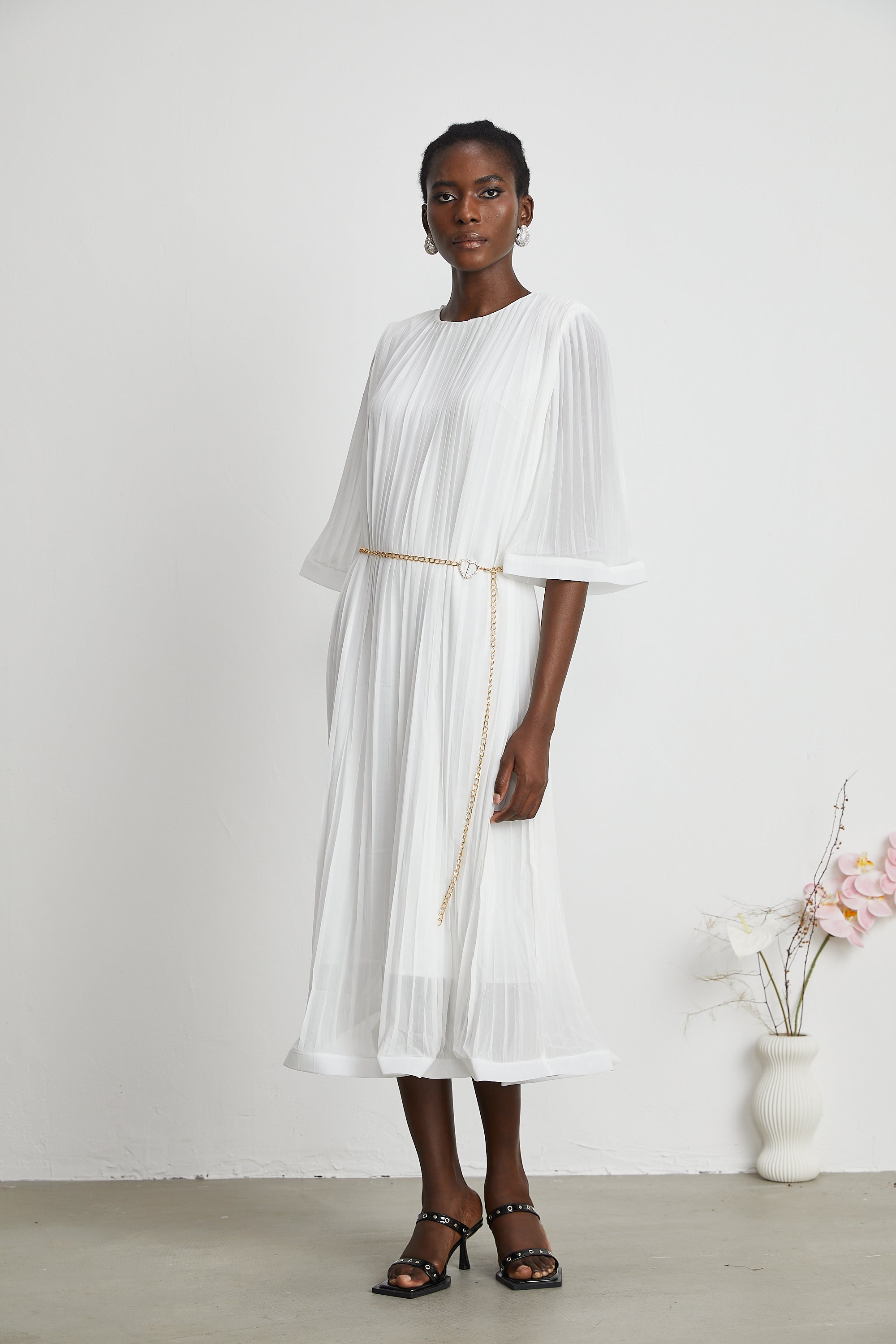 Gaëlle flared-sleeve pleated midi dress