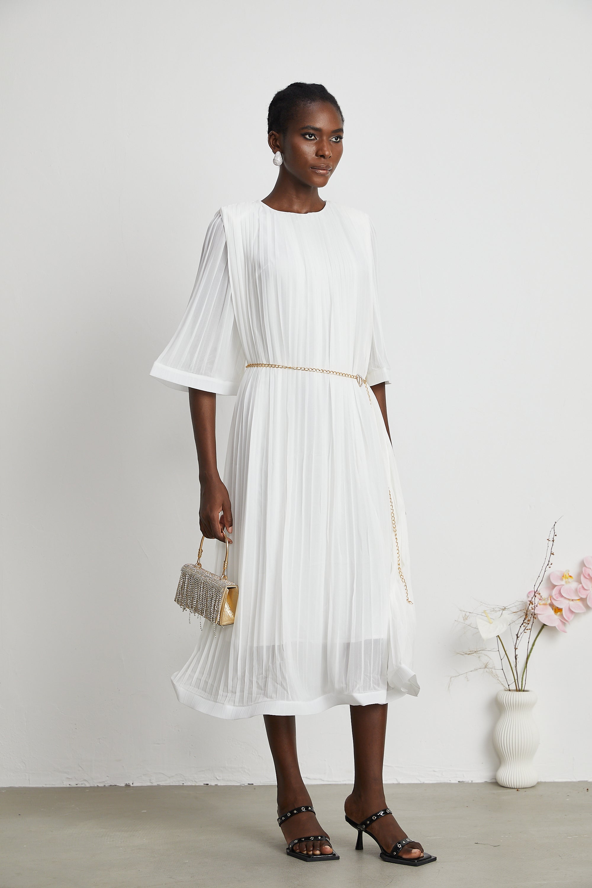 Gaëlle flared-sleeve pleated midi dress