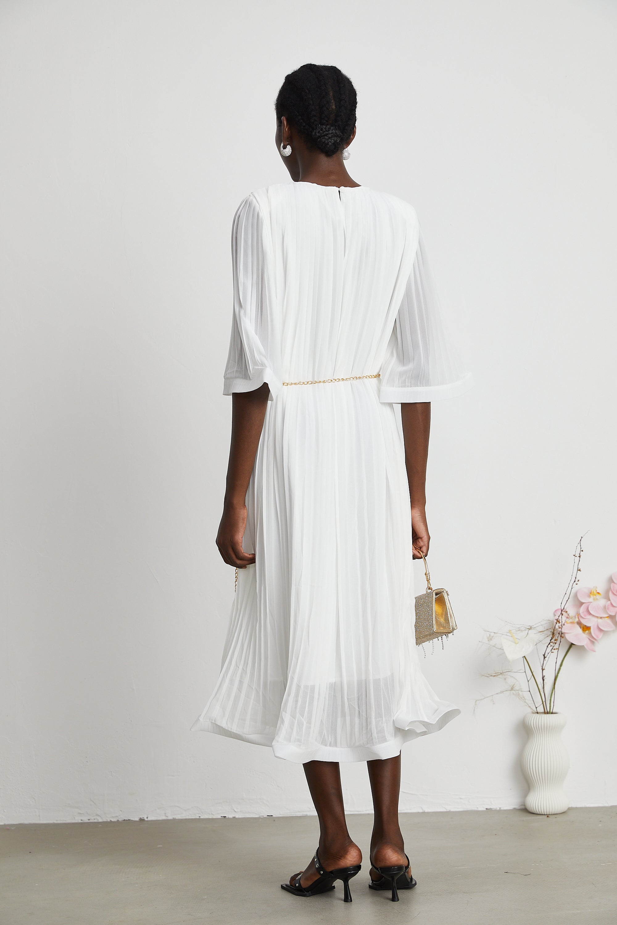 Gaëlle flared-sleeve pleated midi dress