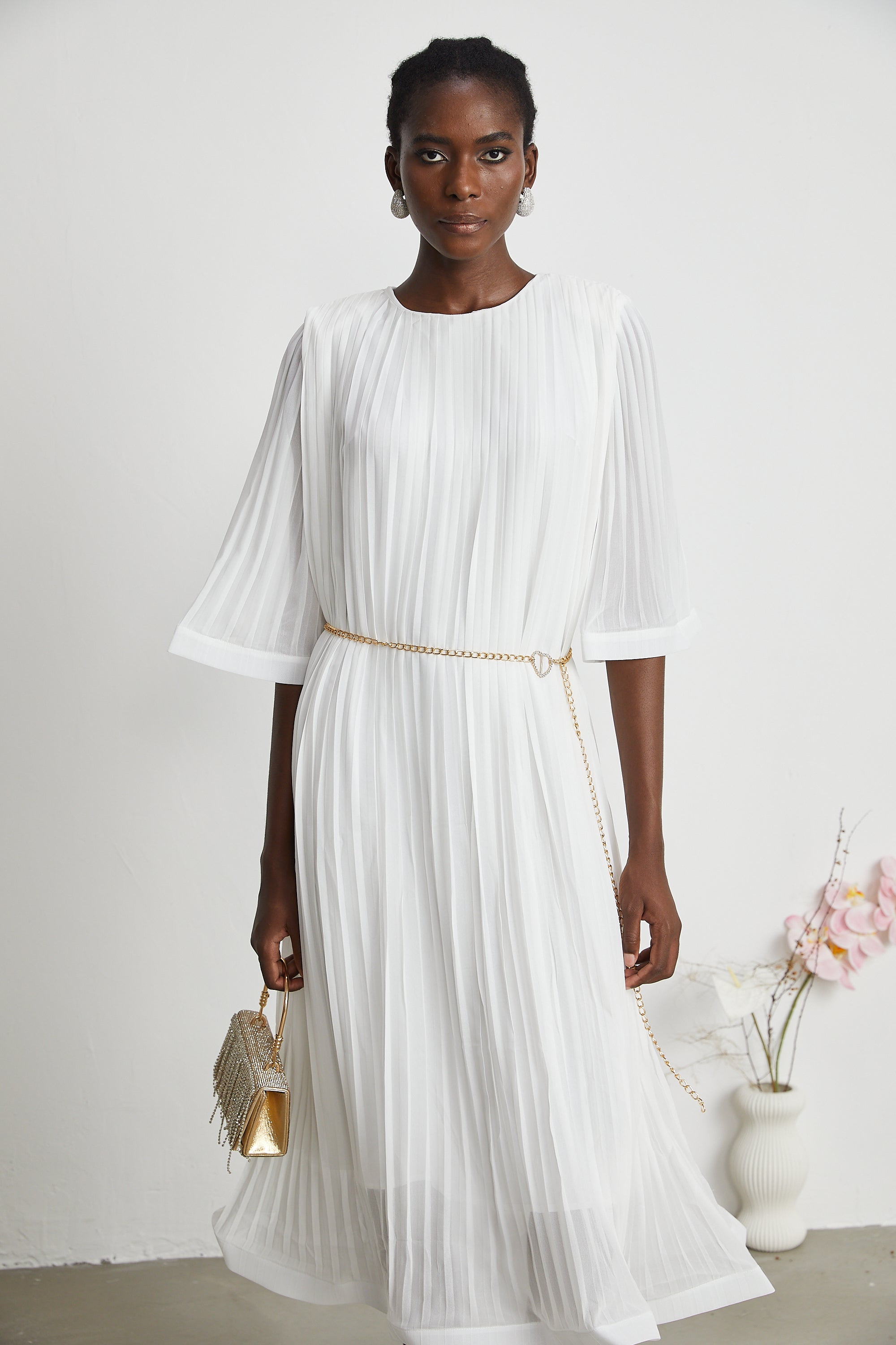 Gaëlle flared-sleeve pleated midi dress