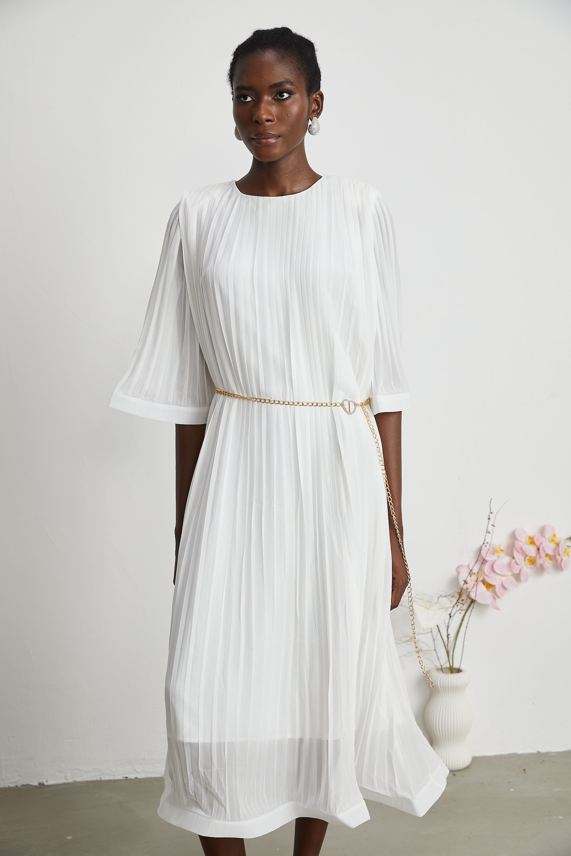 Gaëlle flared-sleeve pleated midi dress