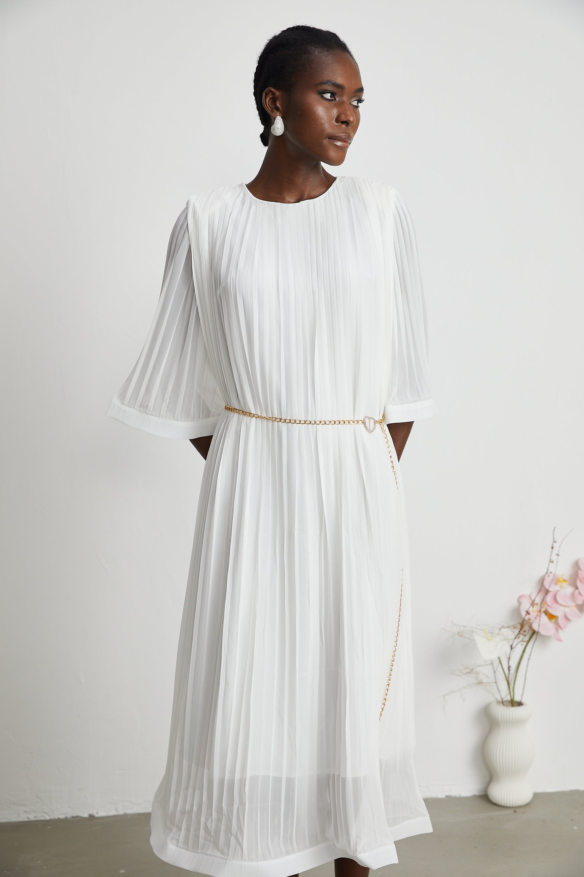 Gaëlle flared-sleeve pleated midi dress