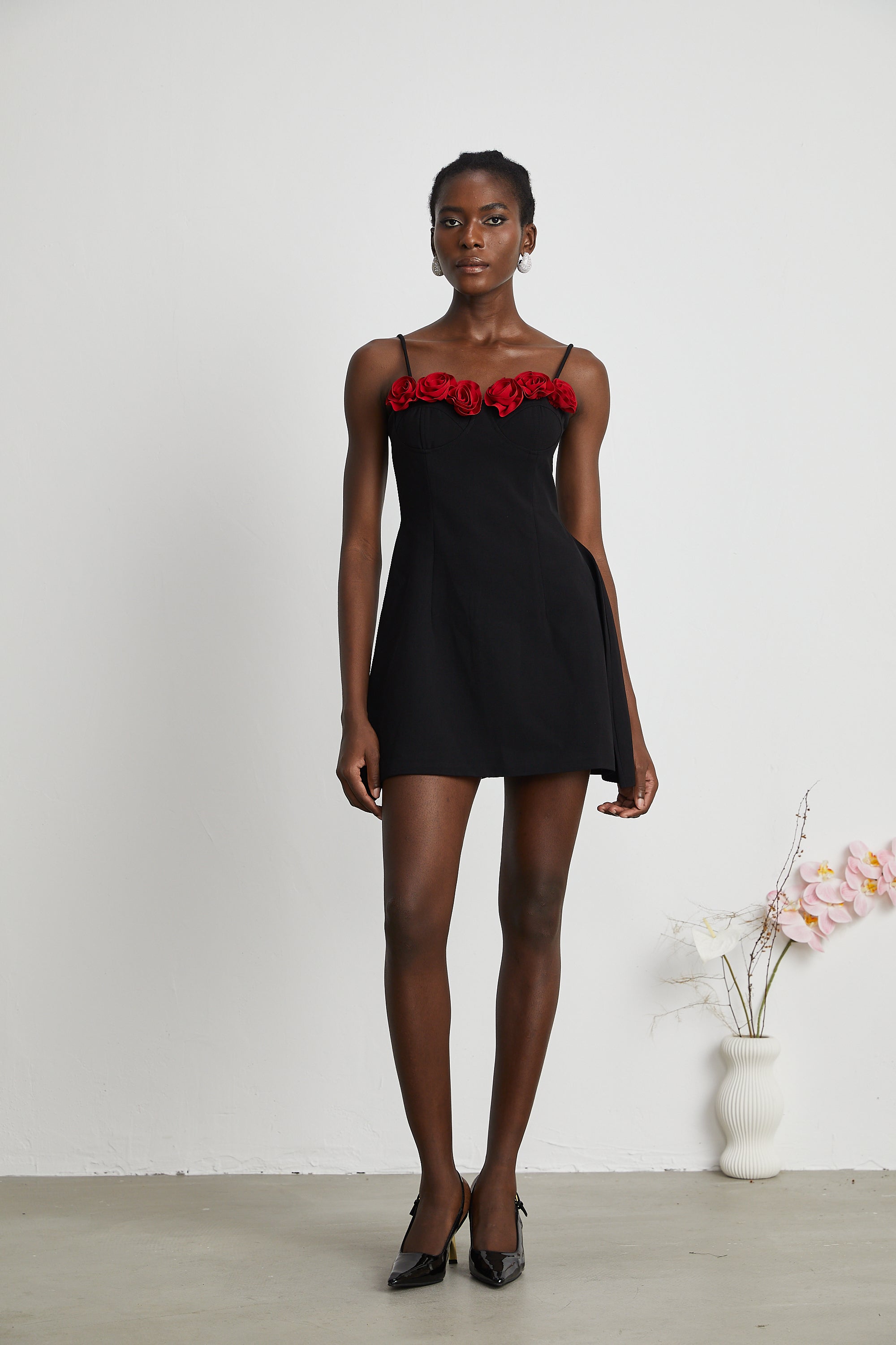 Pauline faux-flower mini dress in Black