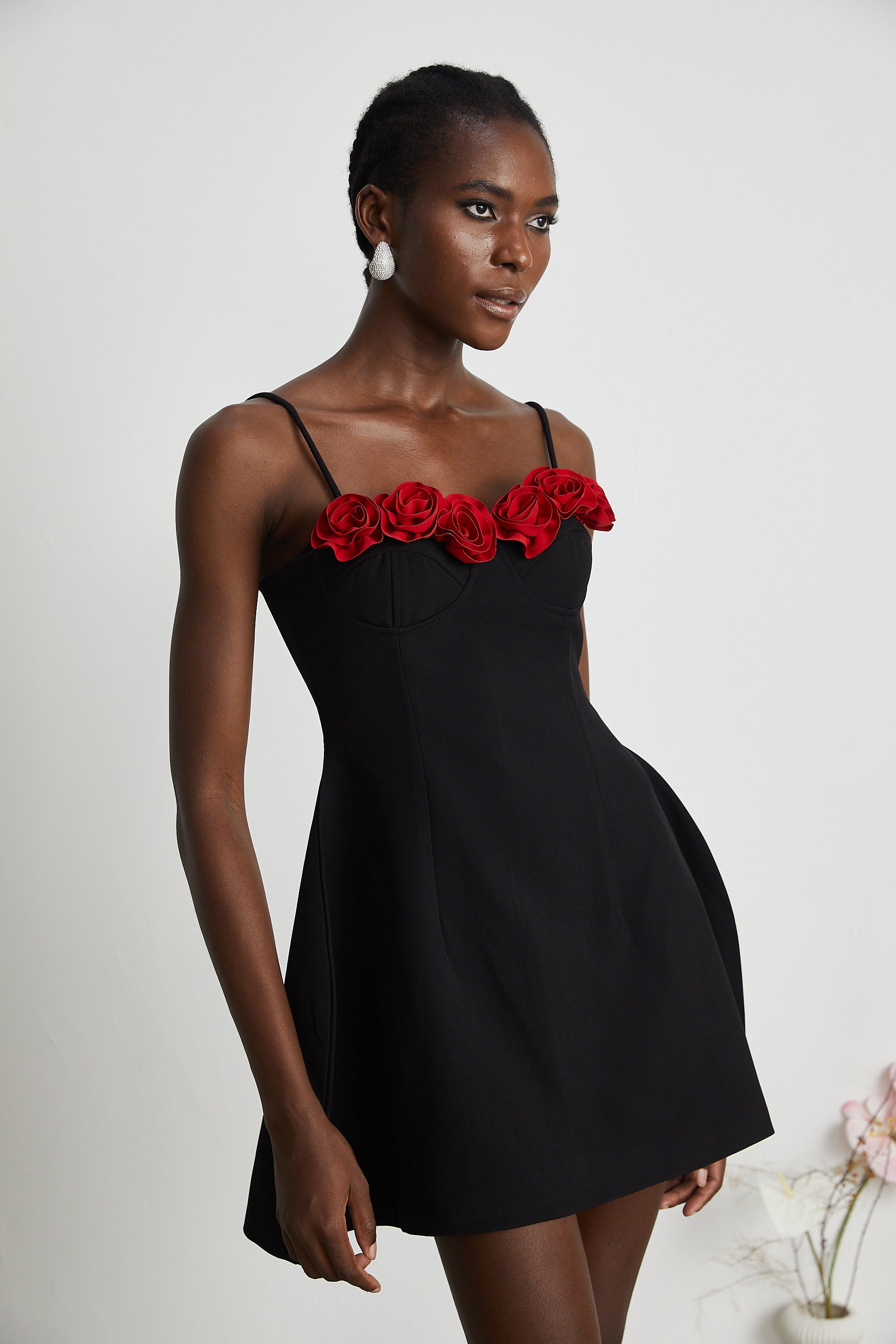 Pauline faux-flower mini dress in Black