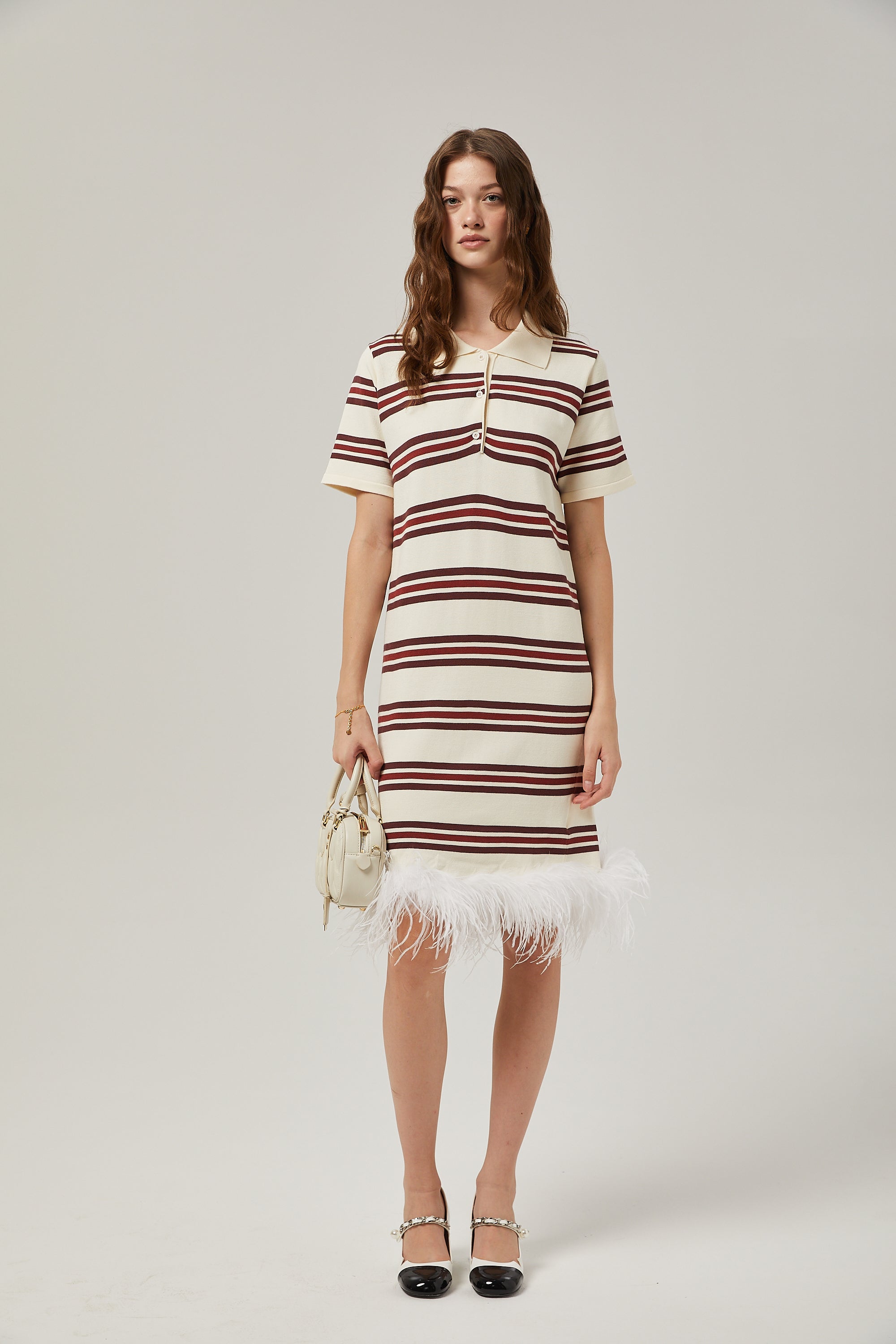 Charlotte stripe-print feather trim midi dress