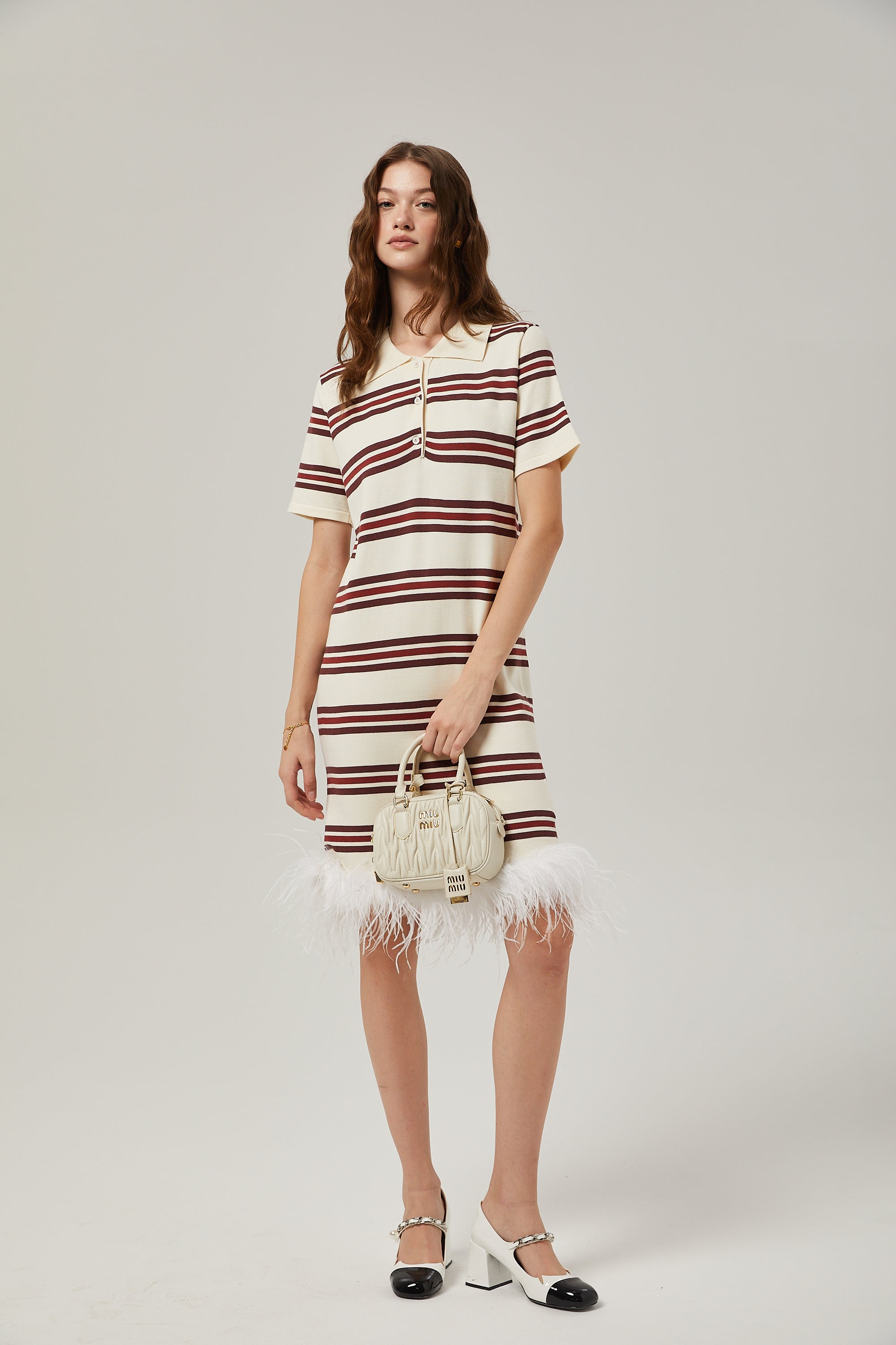 Charlotte stripe-print feather trim midi dress