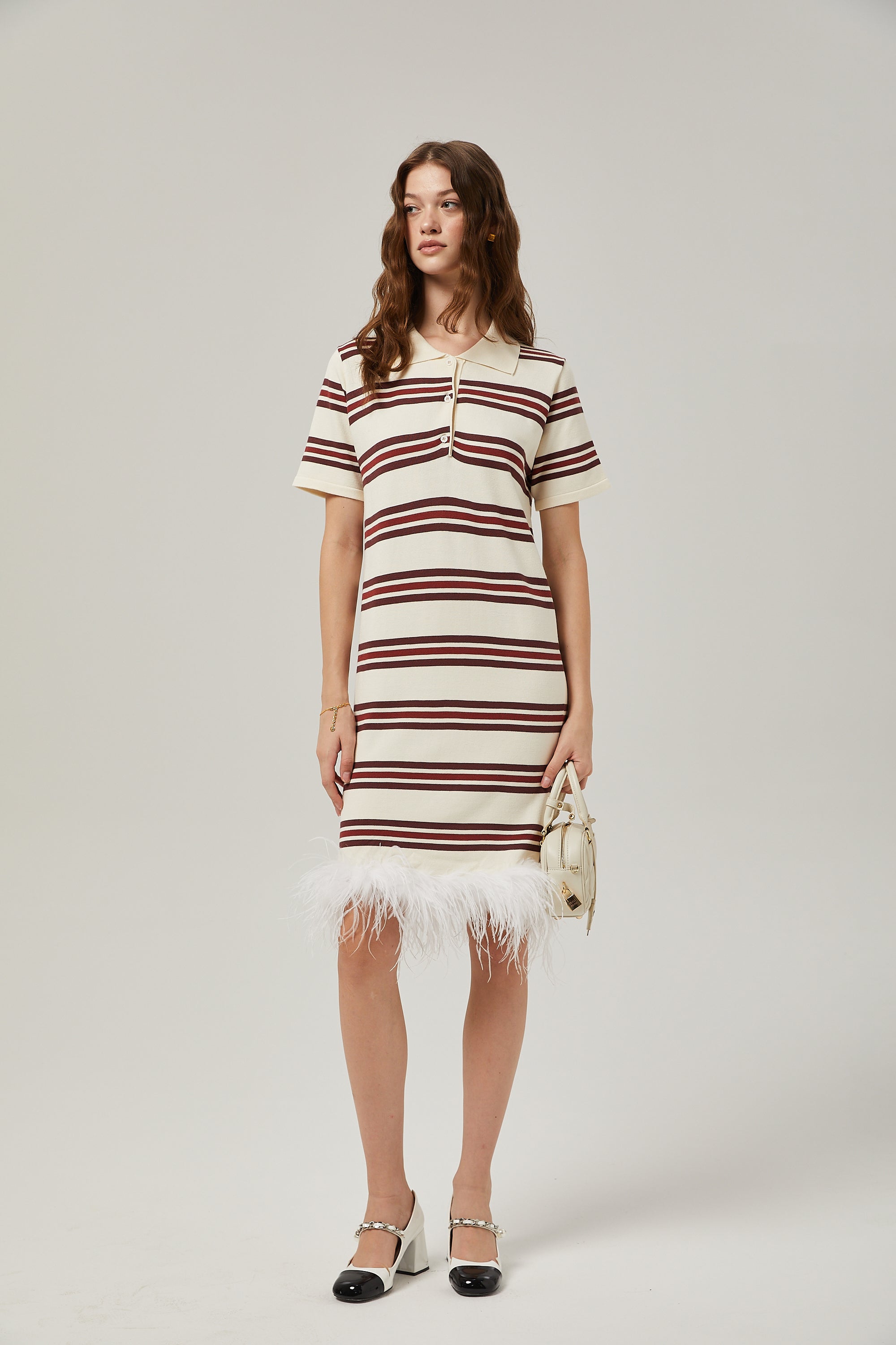 Charlotte stripe-print feather trim midi dress