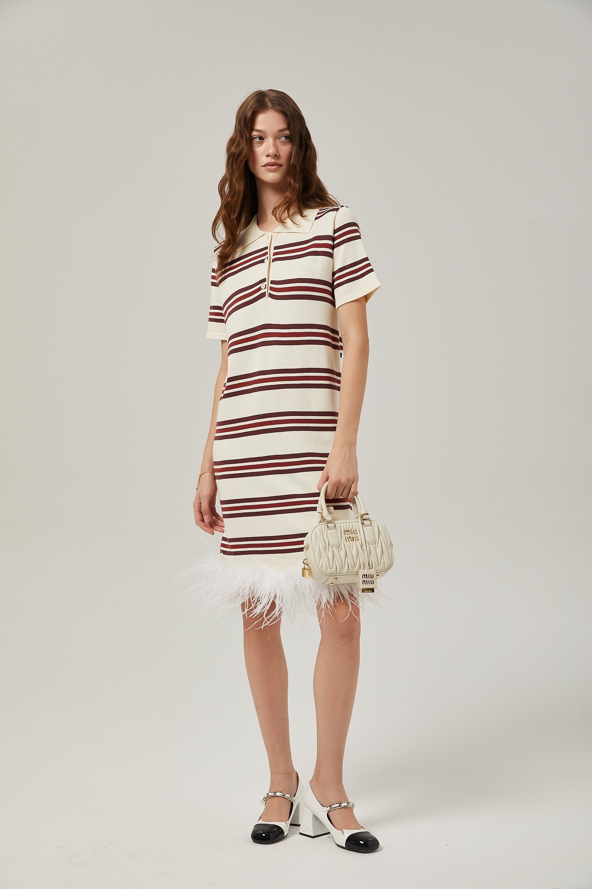 Charlotte stripe-print feather trim midi dress