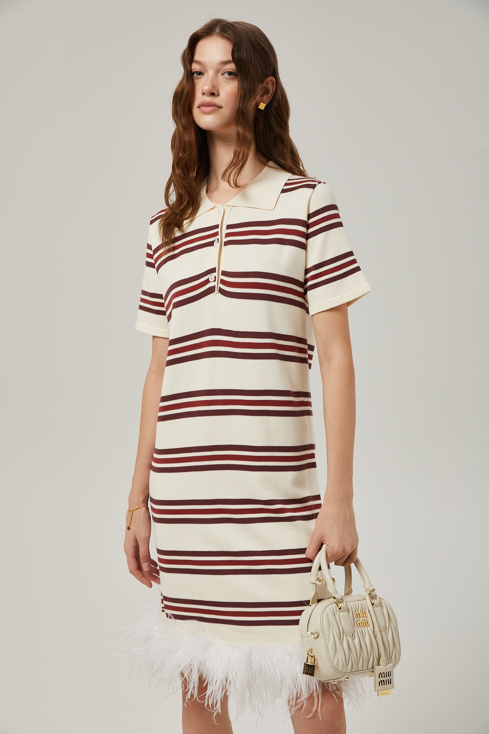 Charlotte stripe-print feather trim midi dress