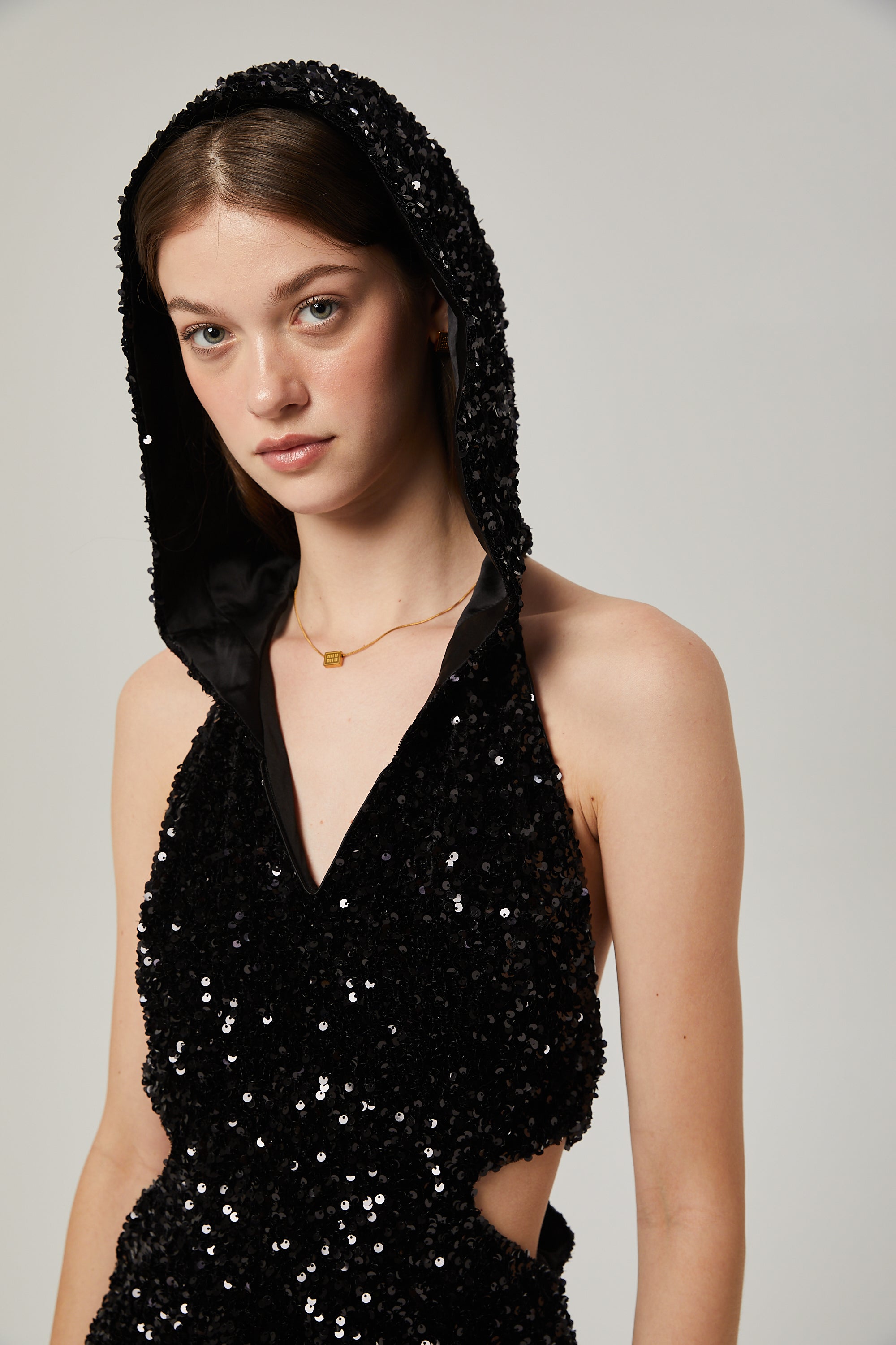 Kalena sequinned hooded mini dress