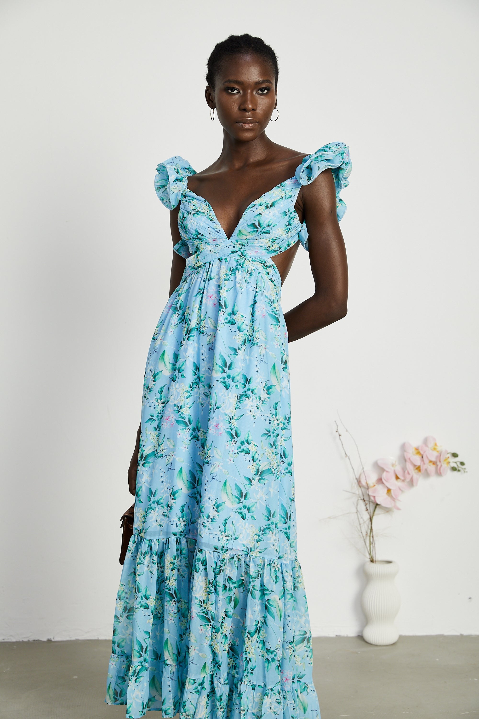 Adele ruffle tiered floral cut out maxi dress