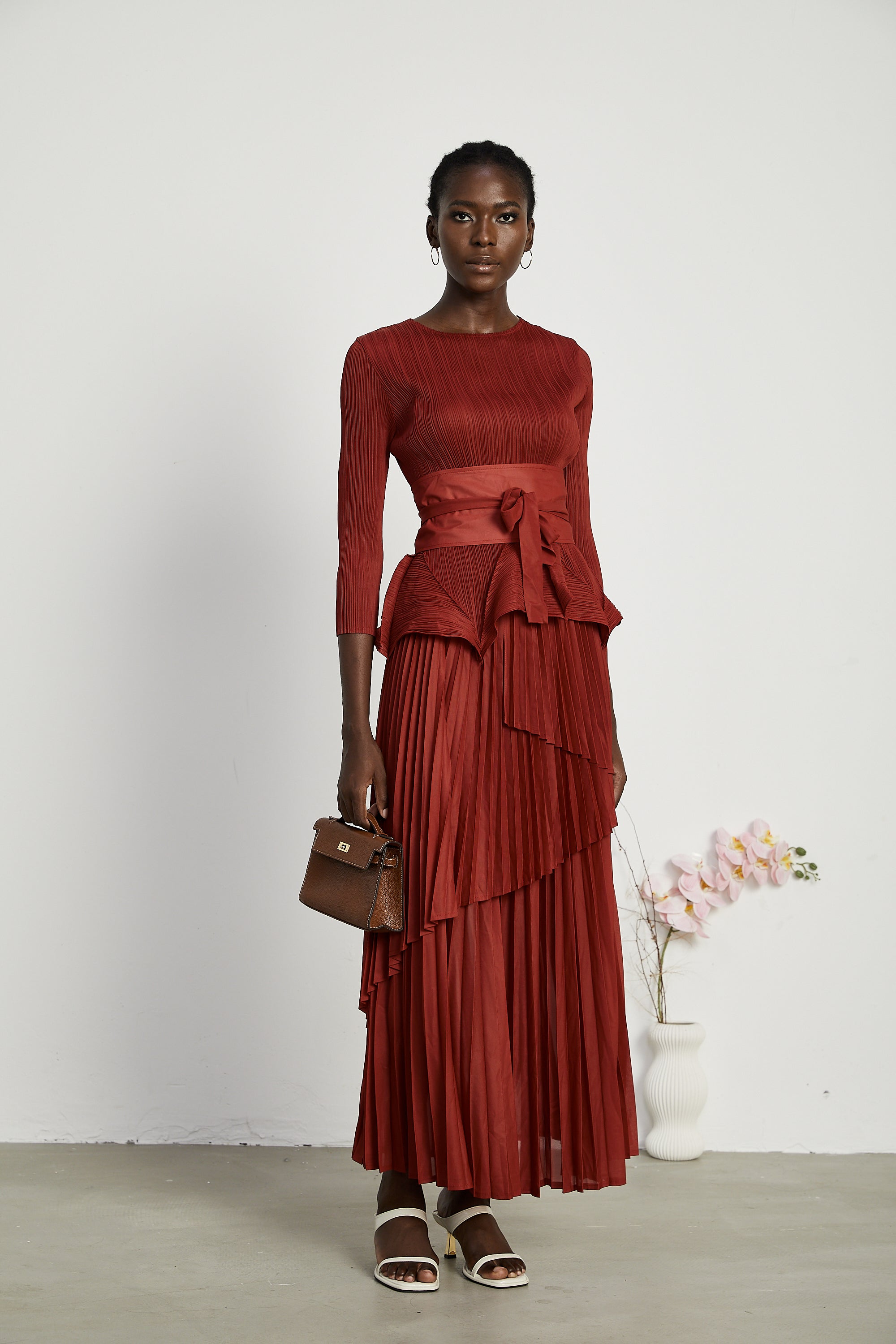 Margaux bow-tie embellished pleated top & skirt matching set