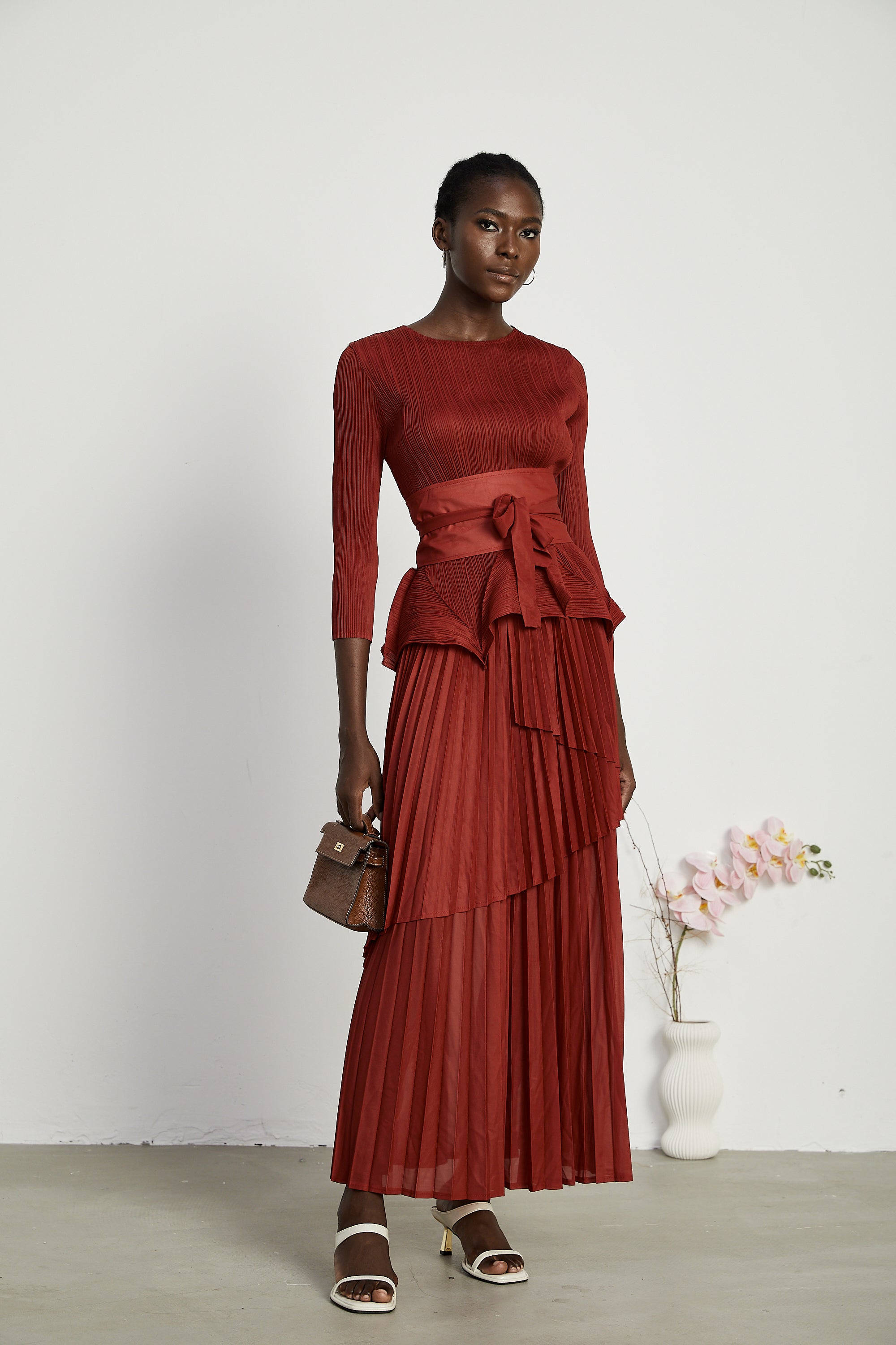 Margaux bow-tie embellished pleated top & skirt matching set