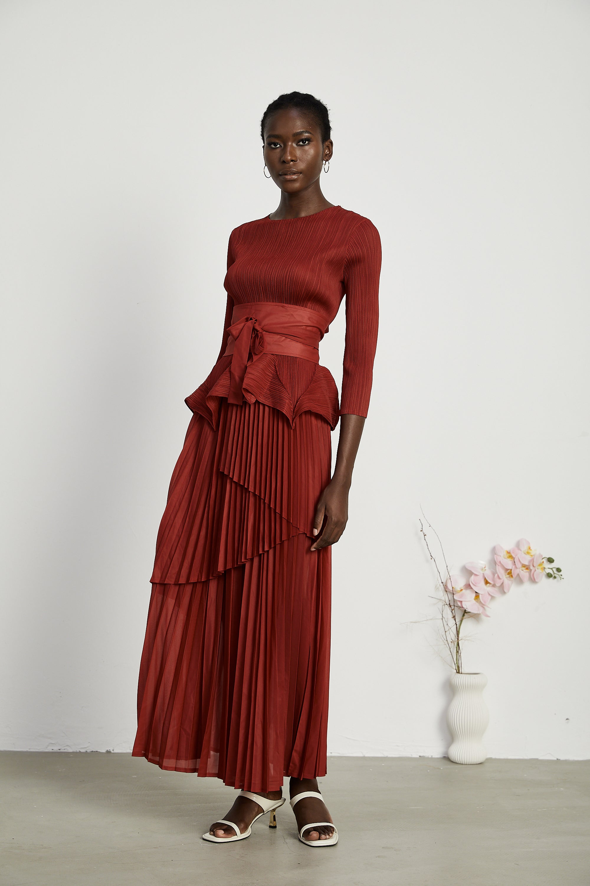 Margaux bow-tie embellished pleated top & skirt matching set