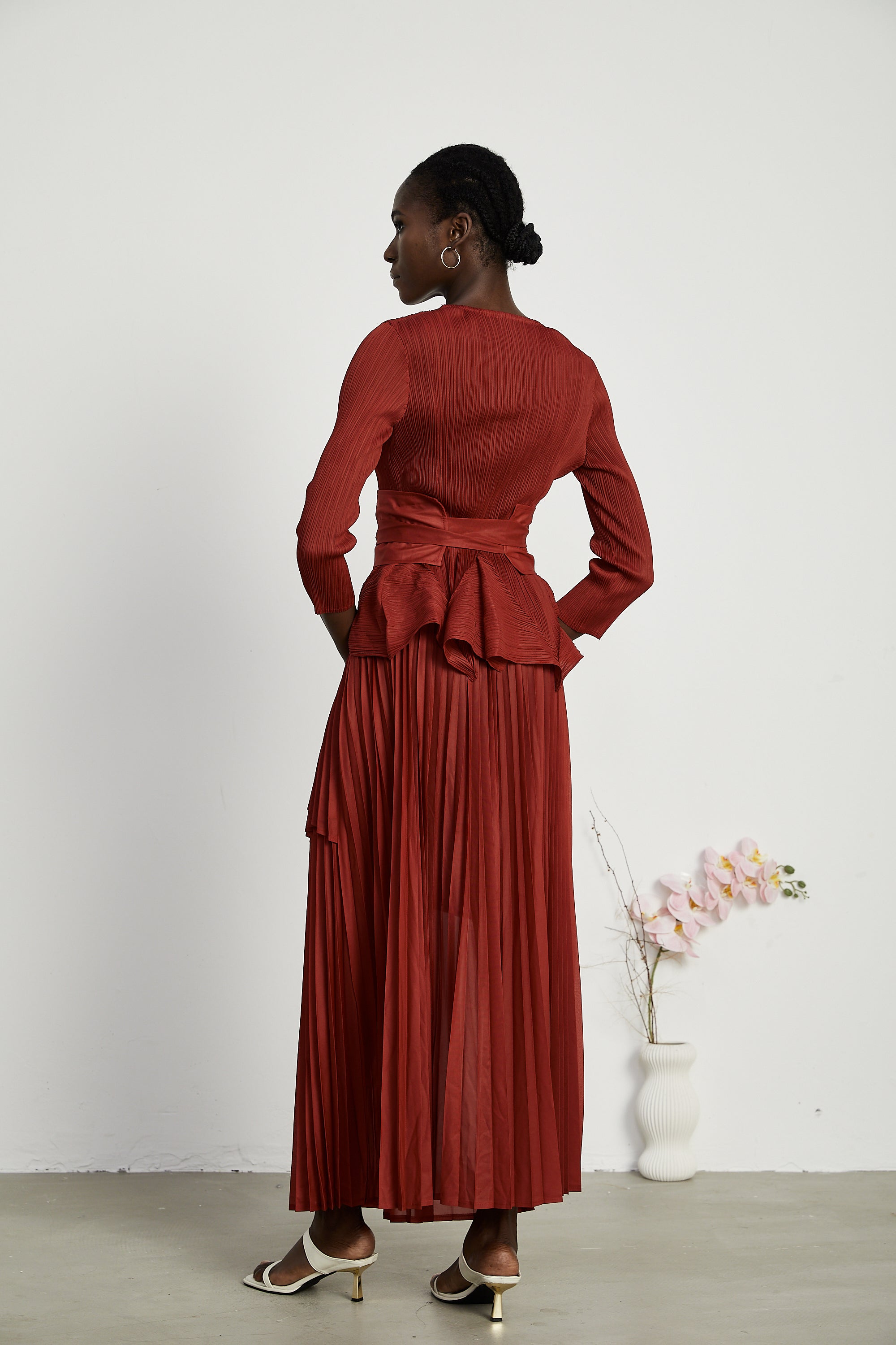 Margaux bow-tie embellished pleated top & skirt matching set