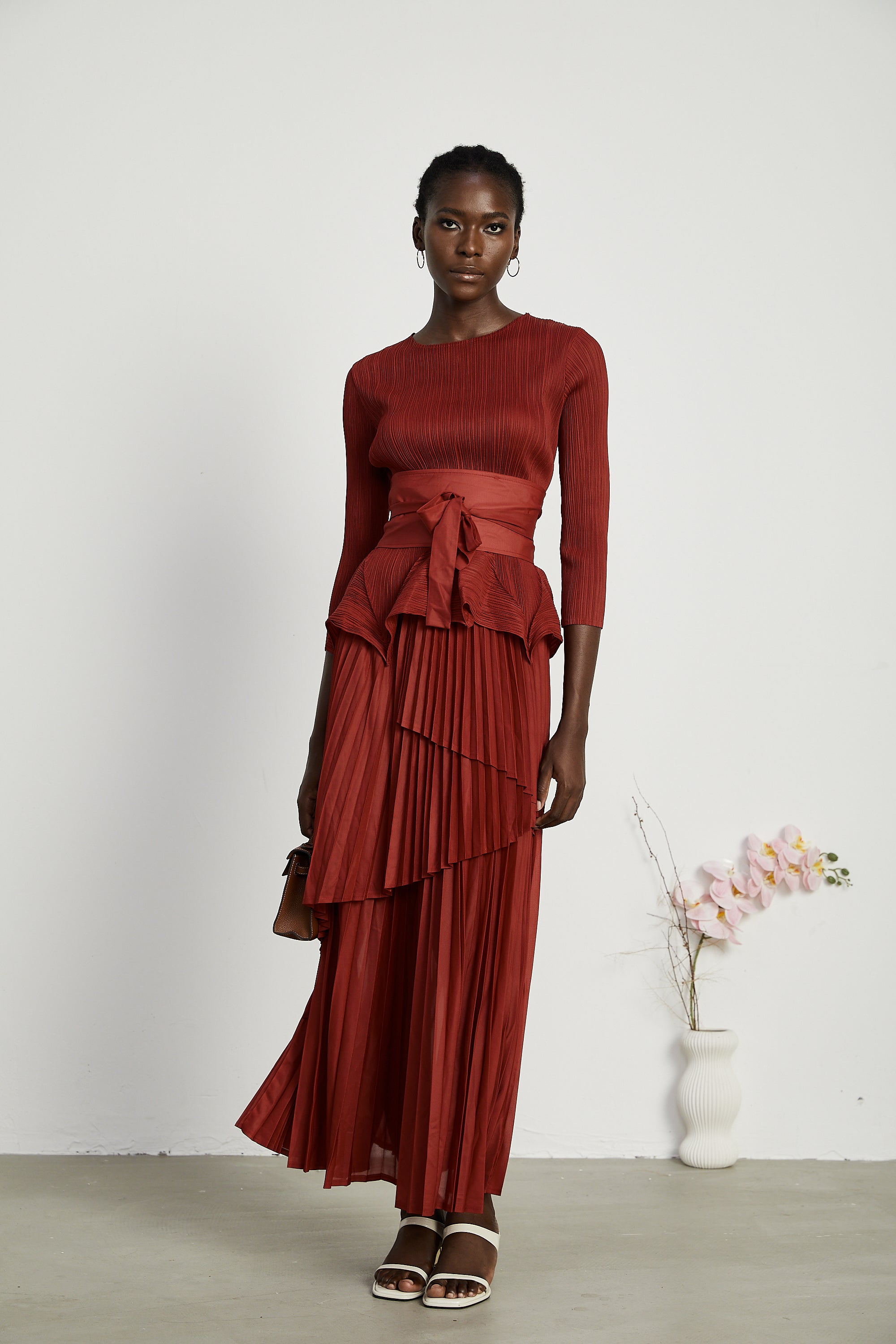 Margaux bow-tie embellished pleated top & skirt matching set