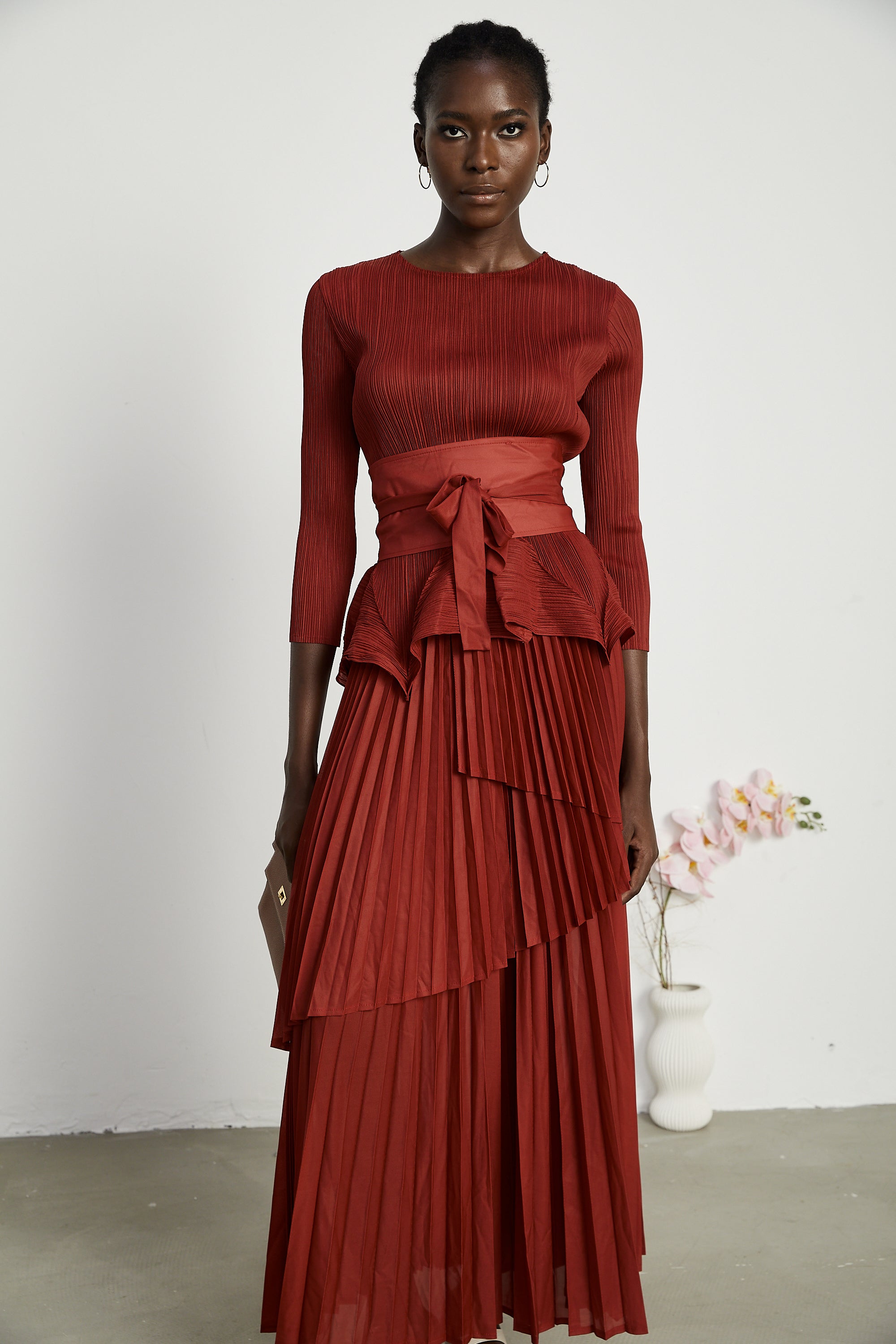 Margaux bow-tie embellished pleated top & skirt matching set