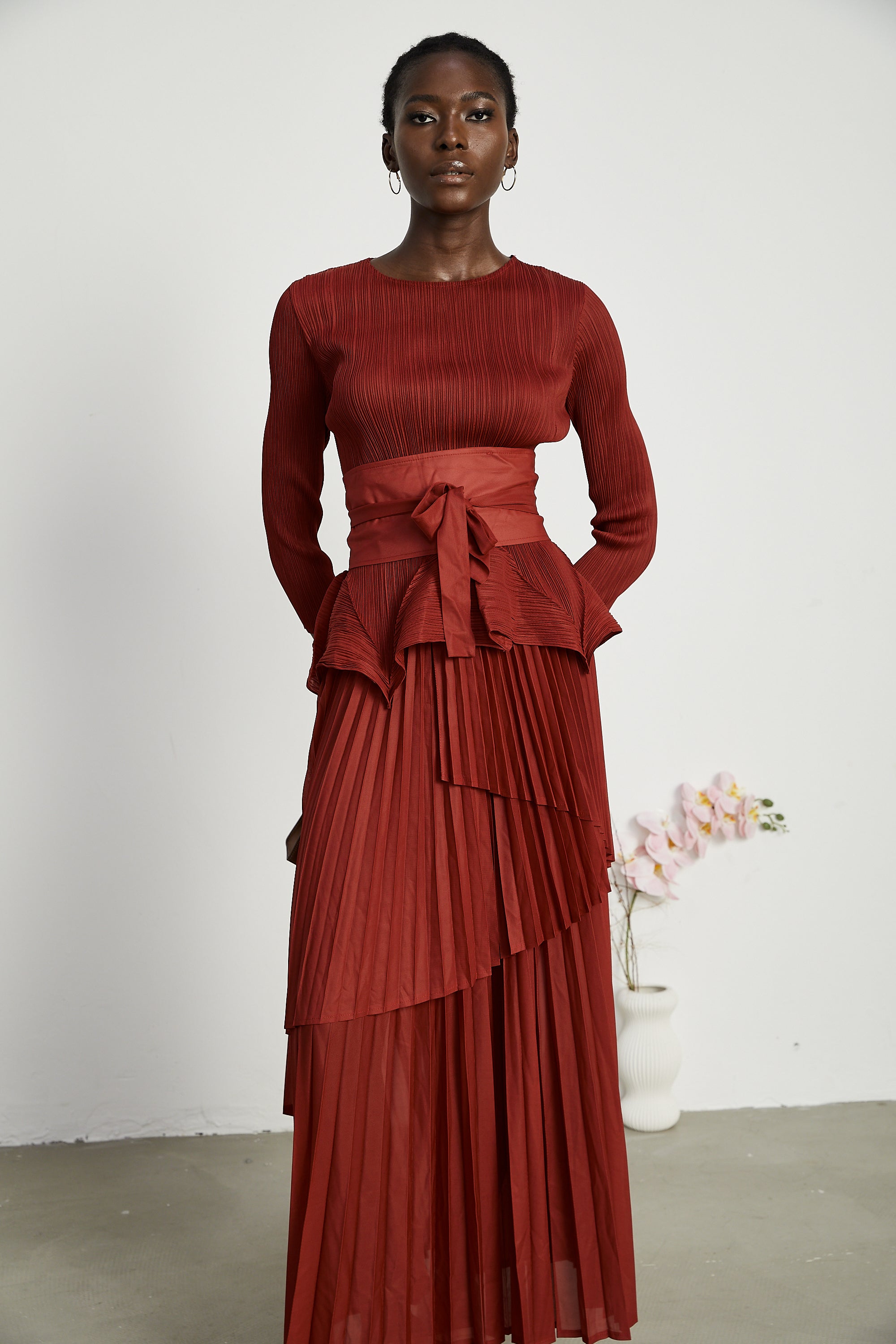 Margaux bow-tie embellished pleated top & skirt matching set