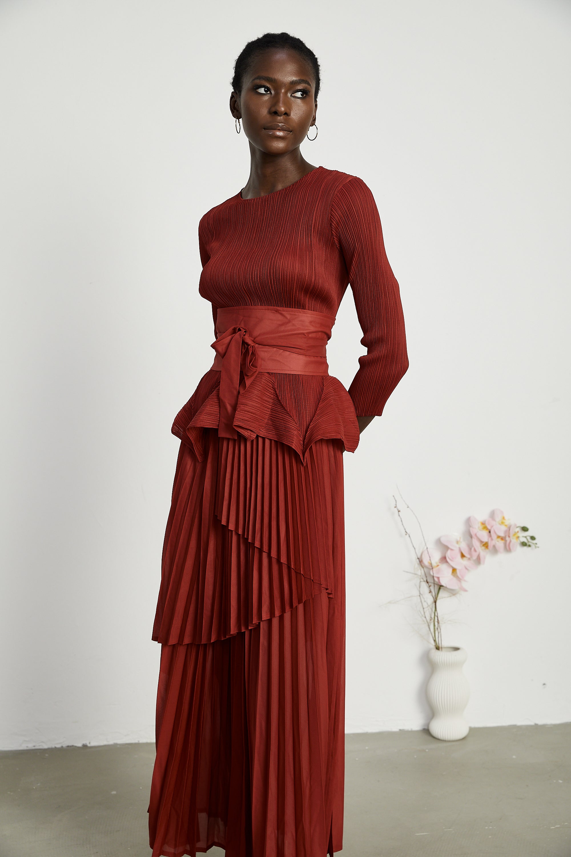 Margaux bow-tie embellished pleated top & skirt matching set