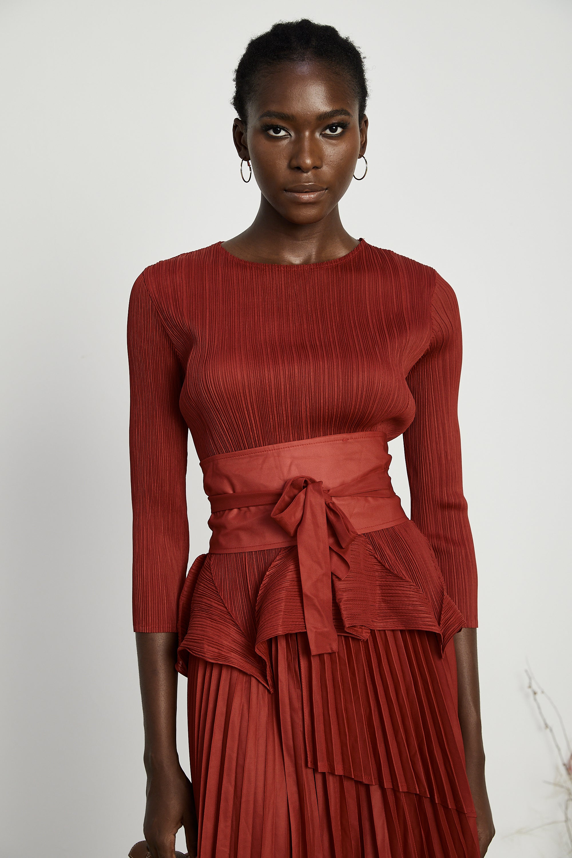 Margaux bow-tie embellished pleated top & skirt matching set