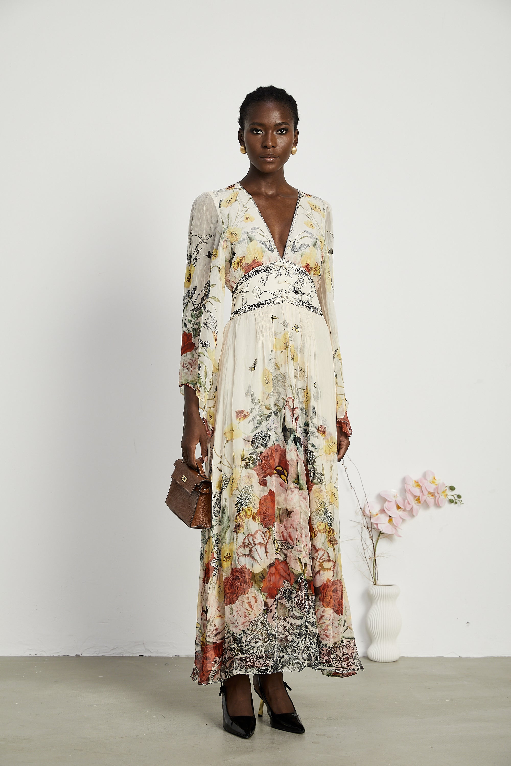 Cora flared-sleeve floral maxi dress