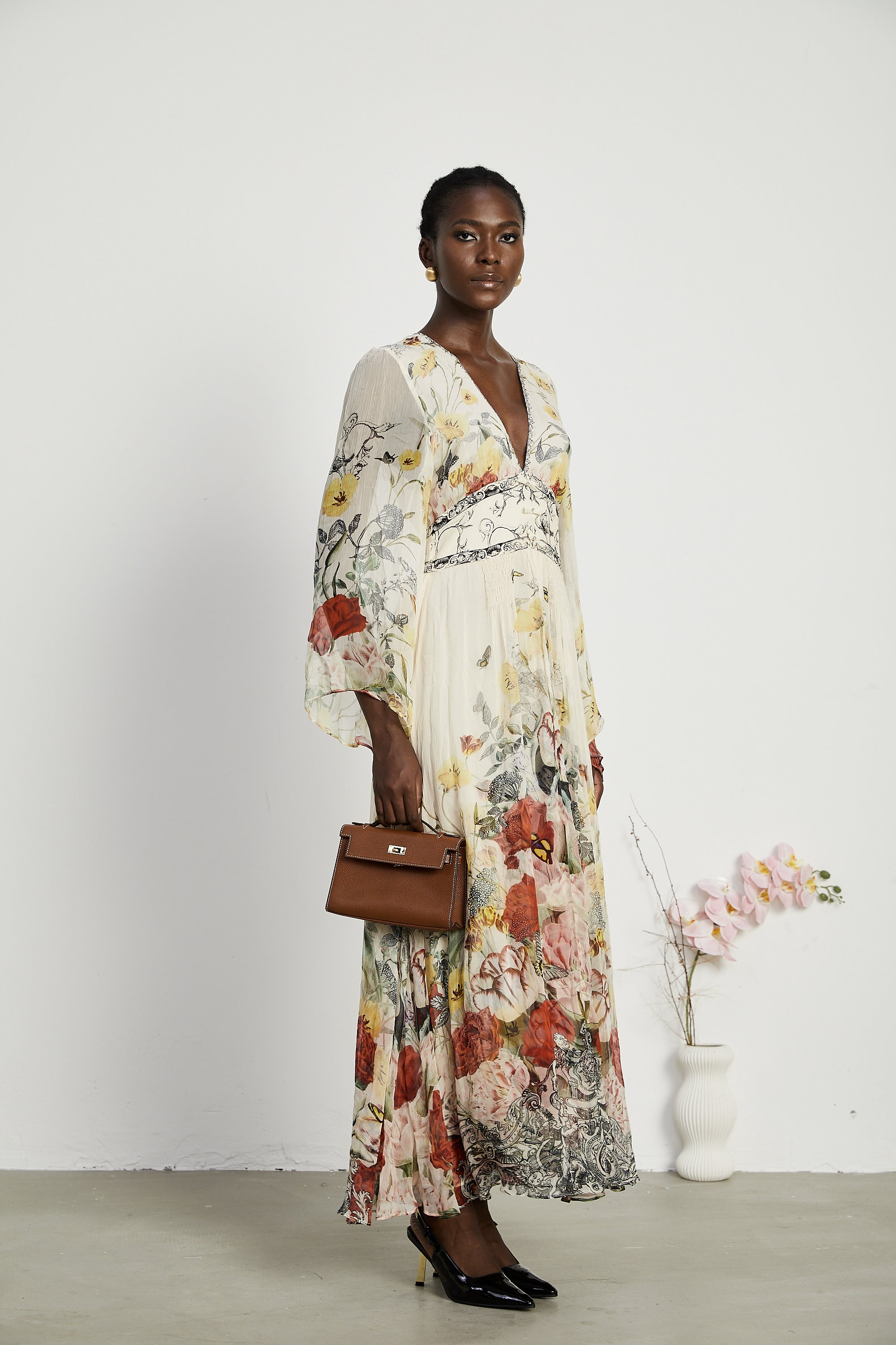 Cora flared-sleeve floral maxi dress