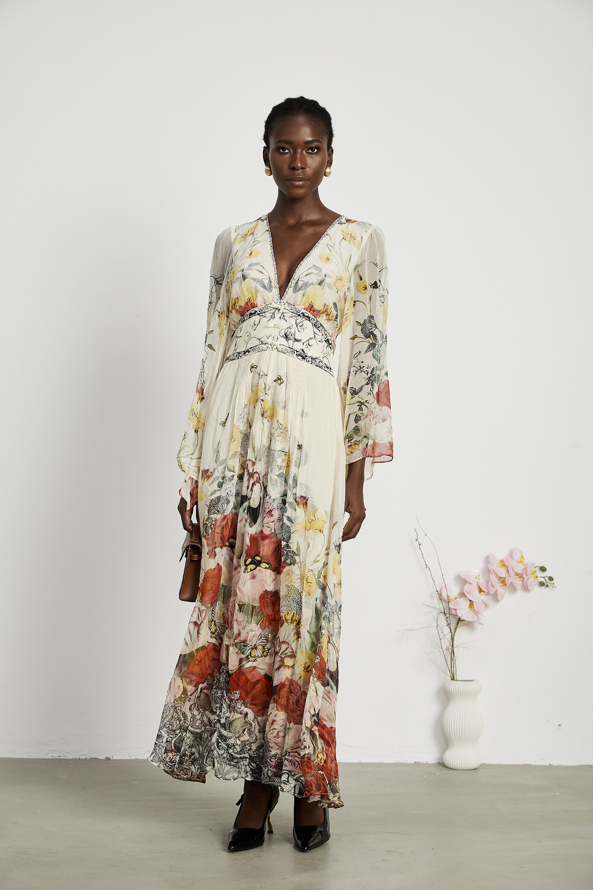 Cora flared-sleeve floral maxi dress