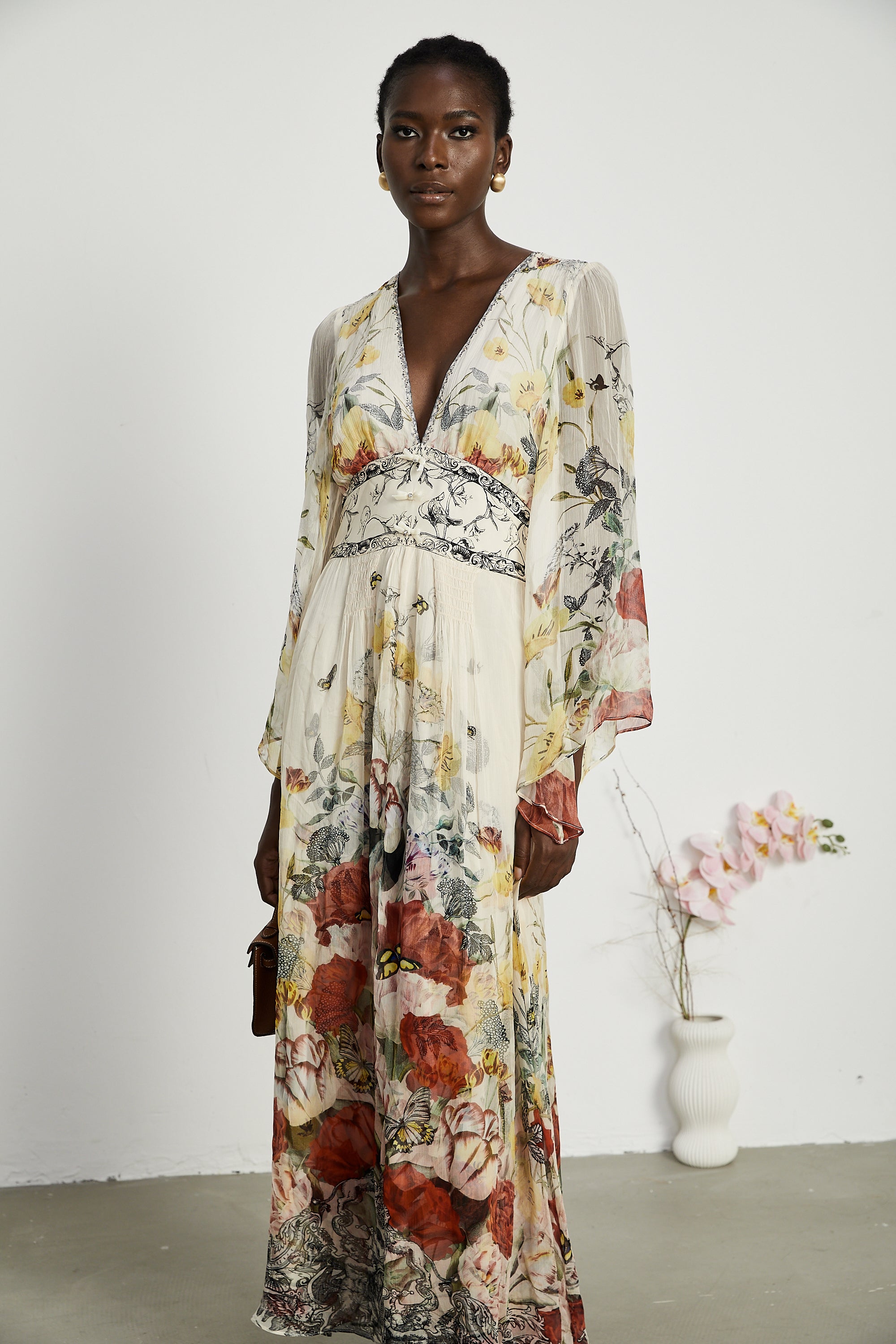 Cora flared-sleeve floral maxi dress