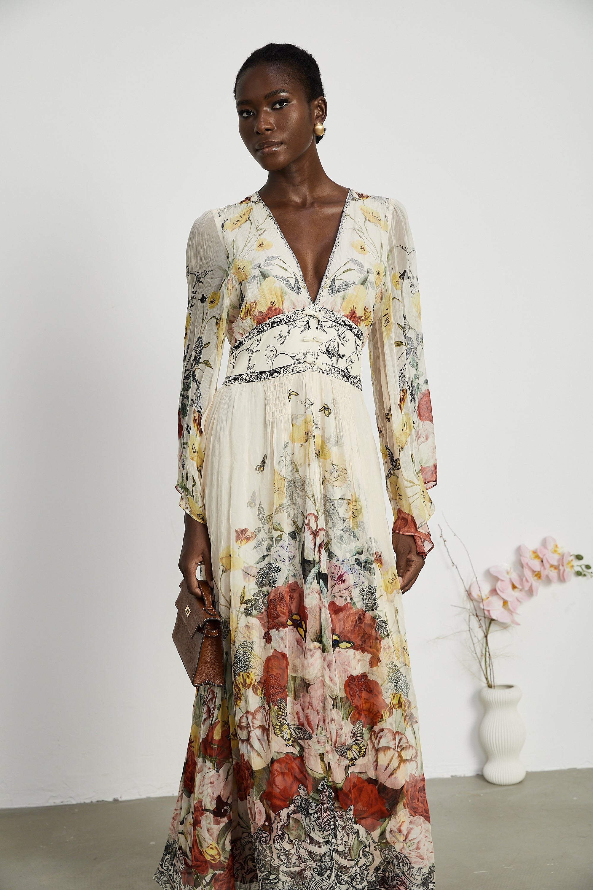 Cora flared-sleeve floral maxi dress