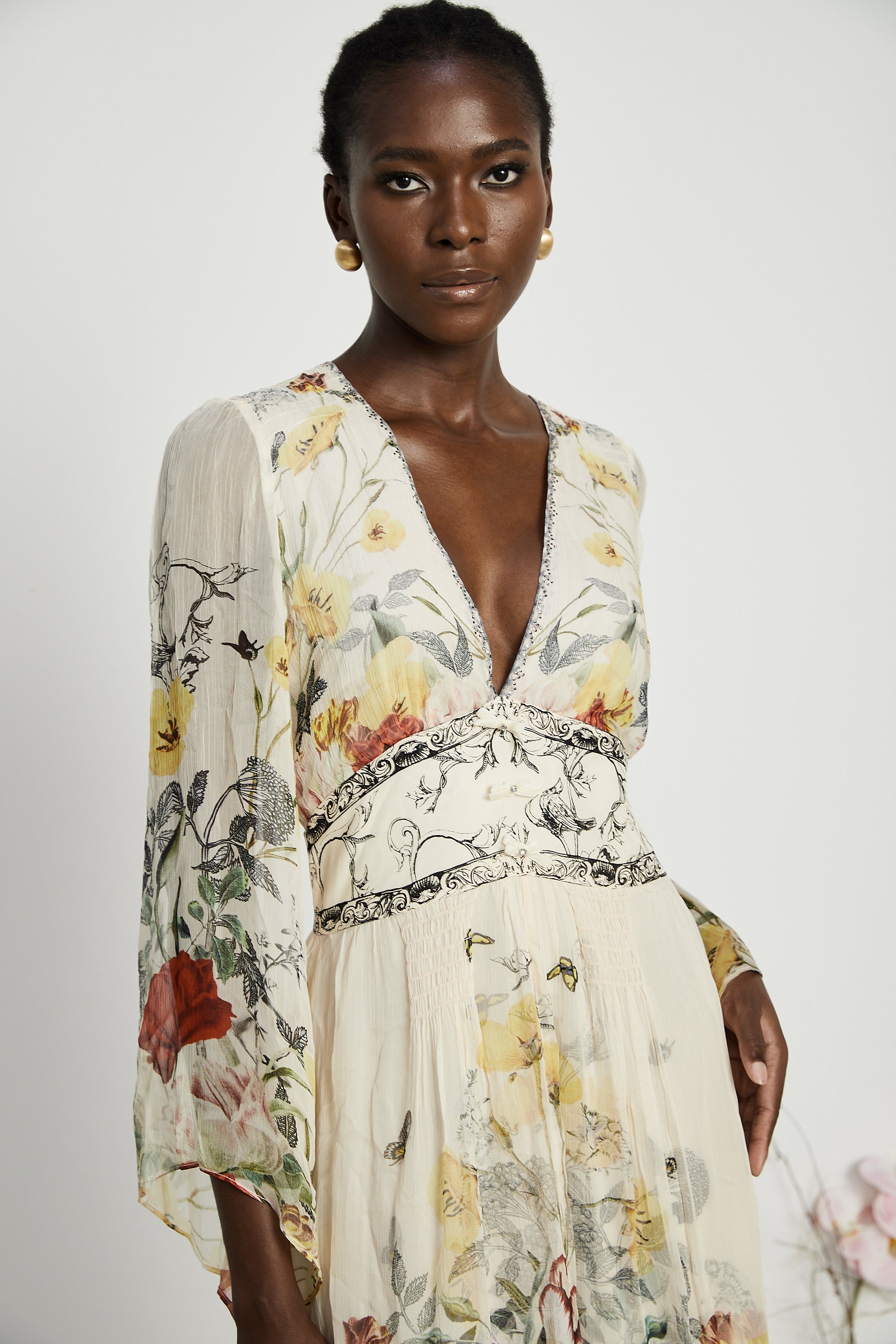 Cora flared-sleeve floral maxi dress