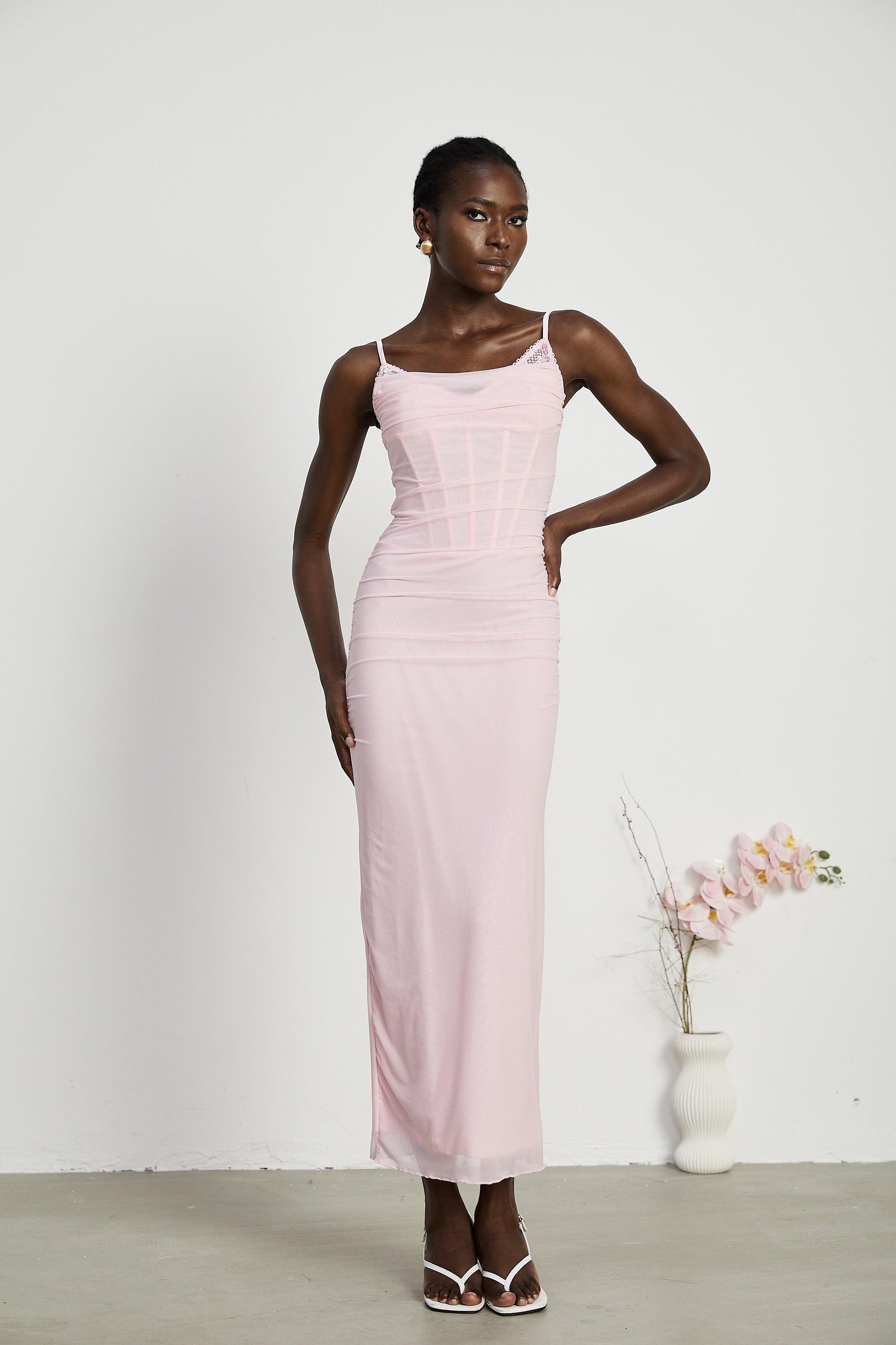 Sylvie pink tulle corset maxi dress