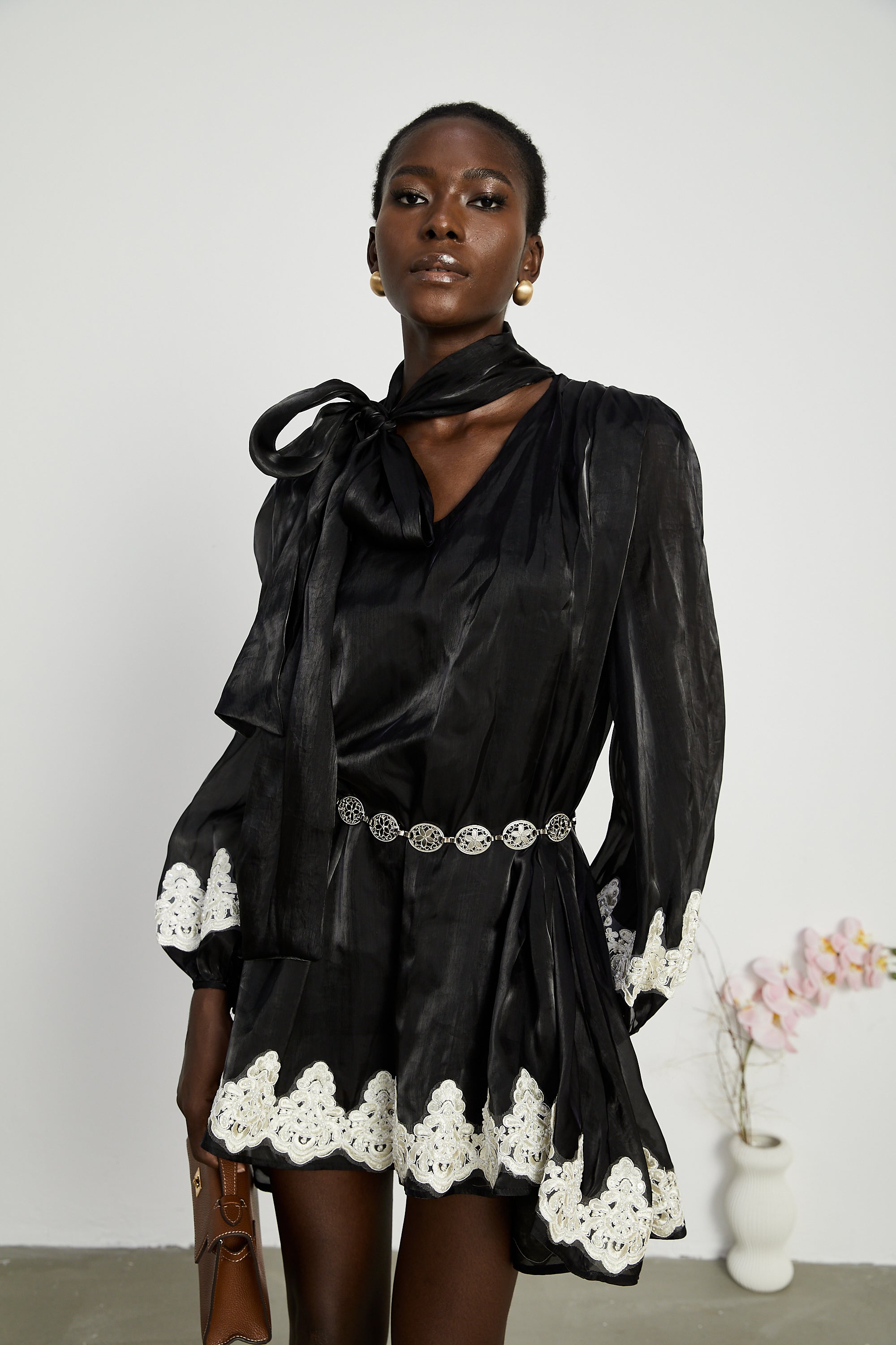 Delphine faux-pearl embellished mini dress in Black