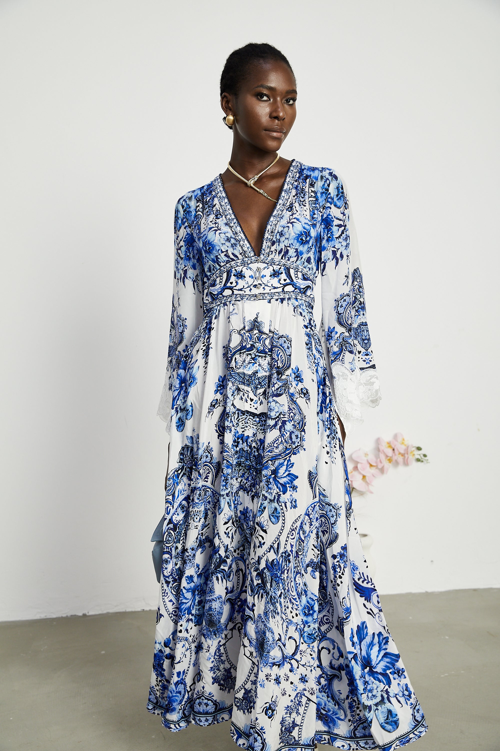 Rosalee silk pattern-print lace-detail maxi dress