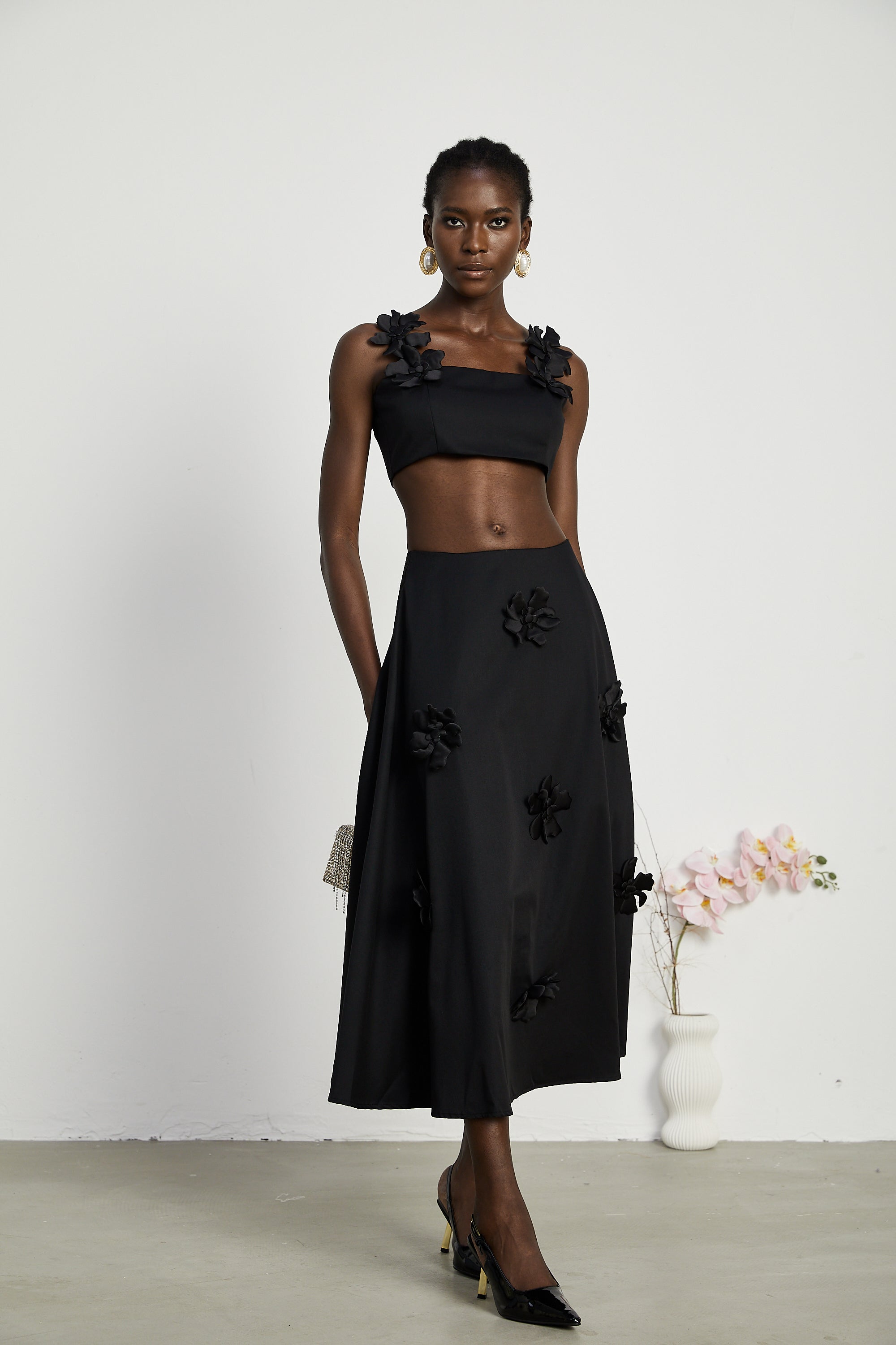 Olessia black floral top & skirt matching set