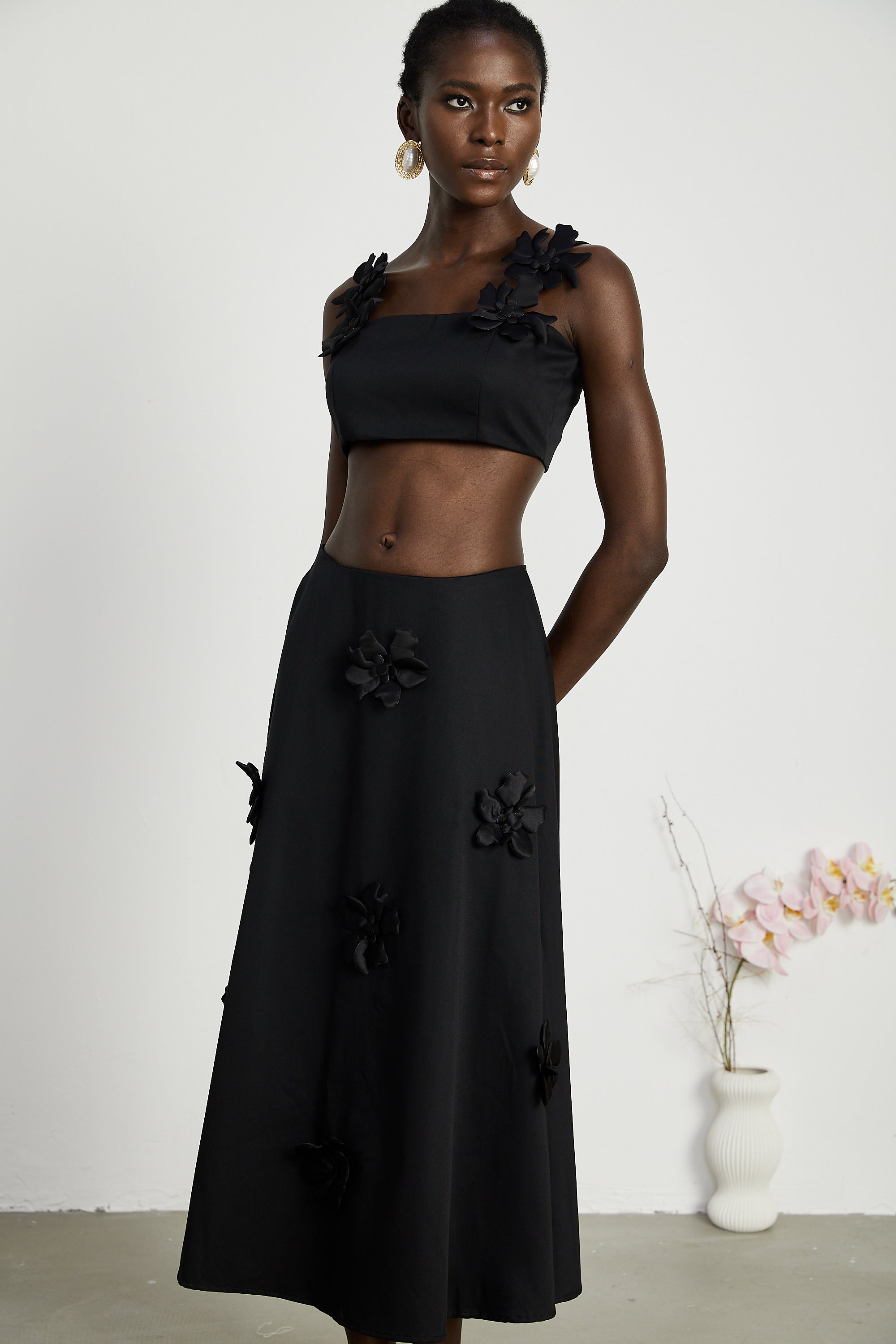 Olessia black floral top & skirt matching set