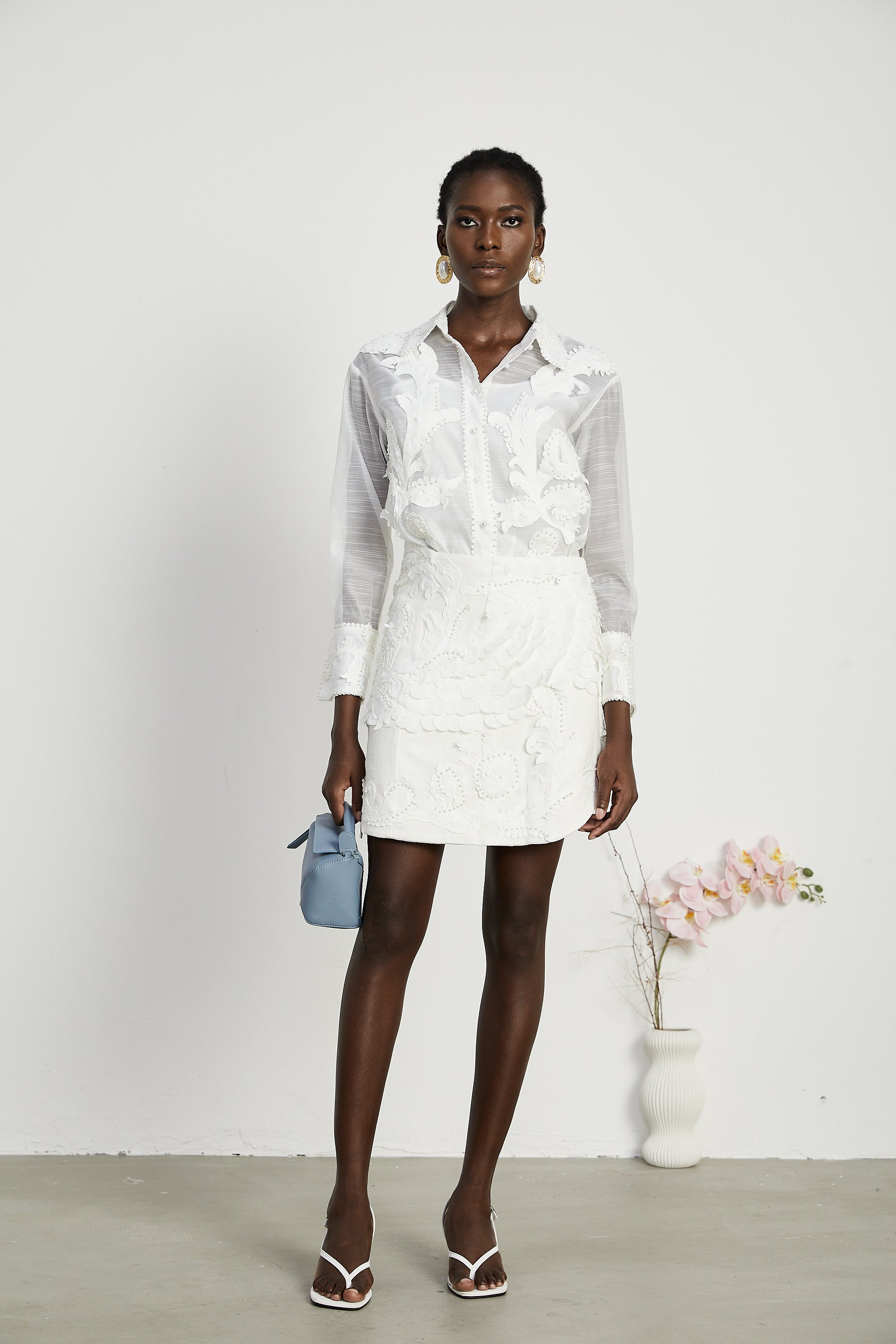 Isabeau lace embroidered shirt & skirt matching set